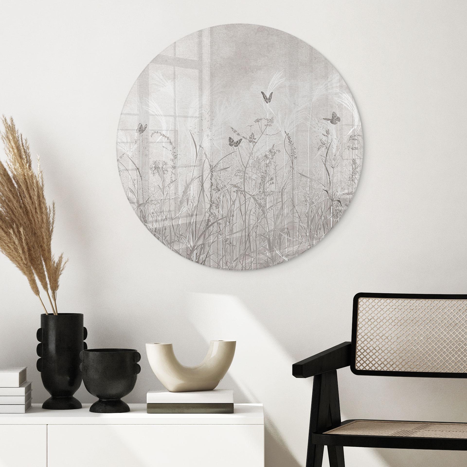 Glasbild Wildblumenwiese mit Schmetterlingen im skandinavischen Design - Ms Tiff - Rund