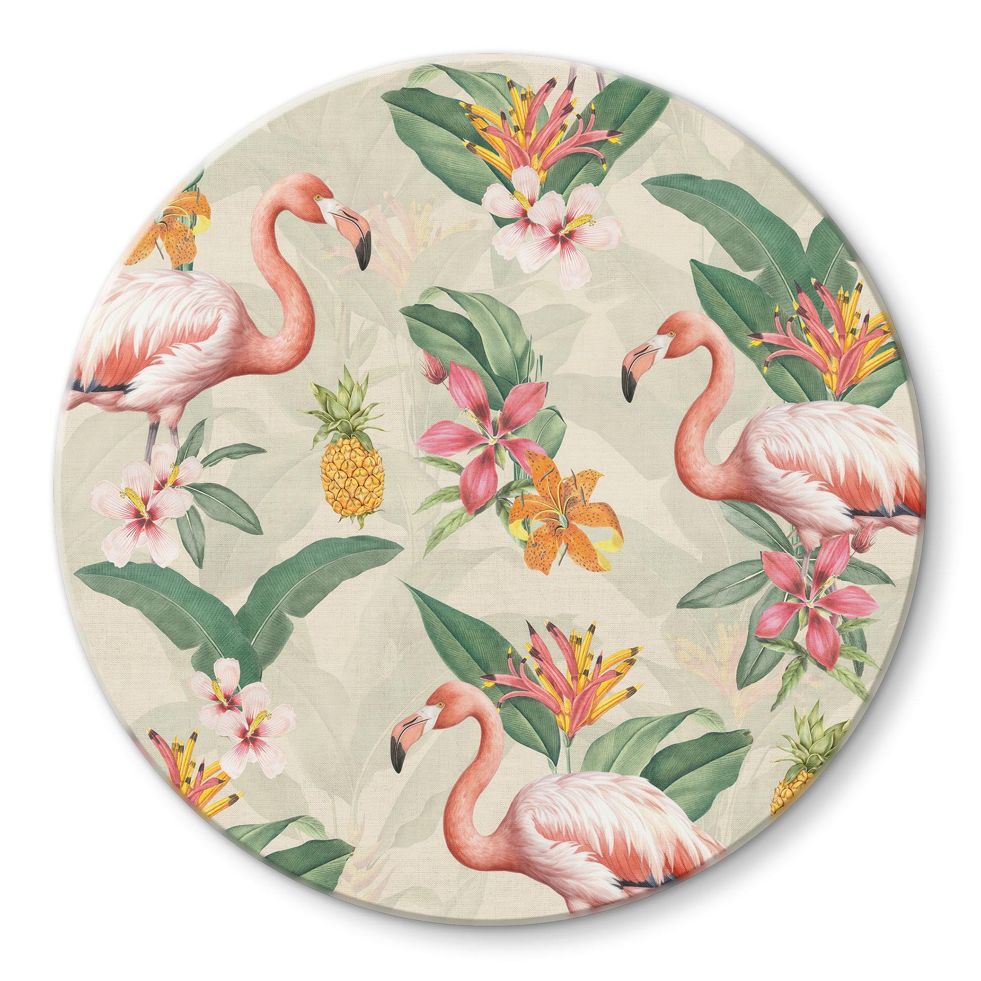 Glasbillede - Flamingo og tropiske blade | Eksotisk til stuen - Bloomery Decor - Rund