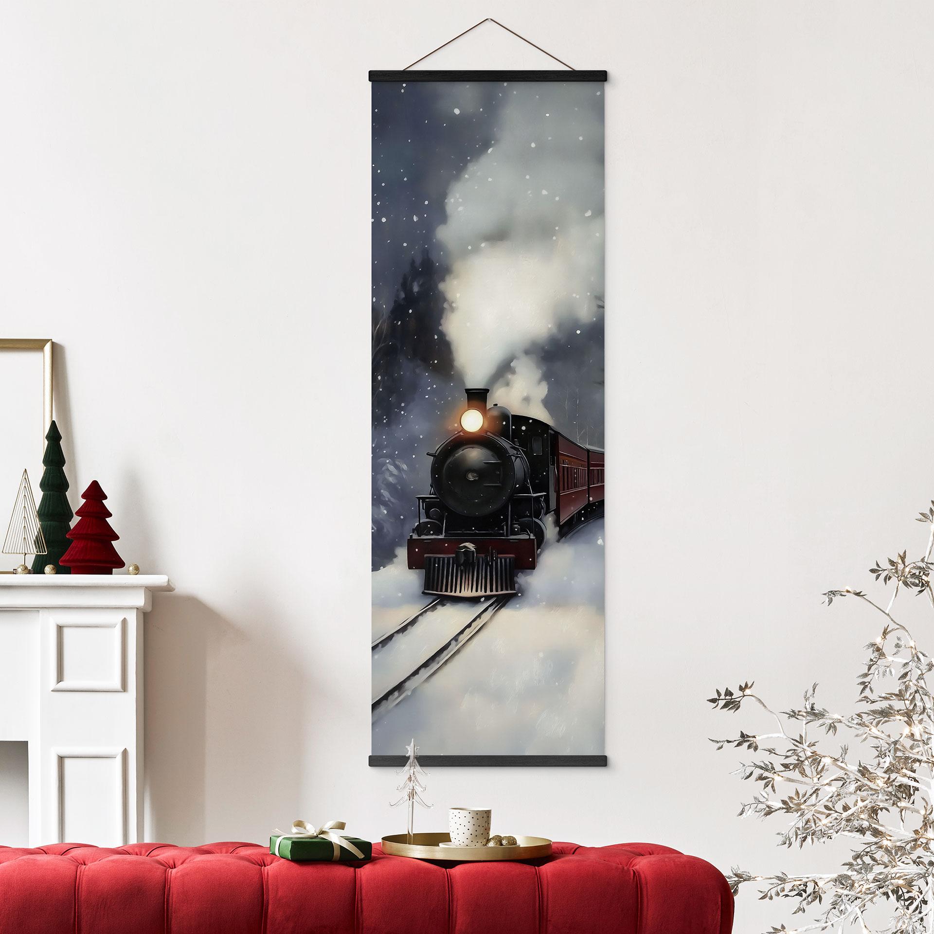 Póster de tela Invierno - Locomotora de vapor en un bosque nevado - Melloi Art Prints - Panorama
