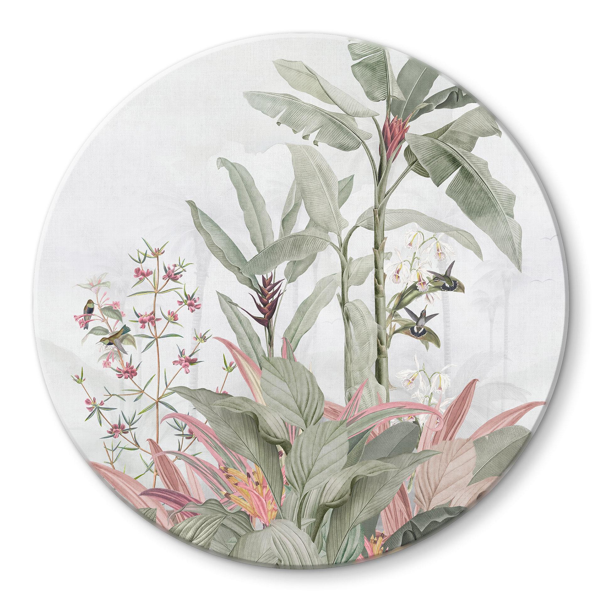 Glasbillede - Tropisk idyl med kolibri blå - blomsterdekoration - rund