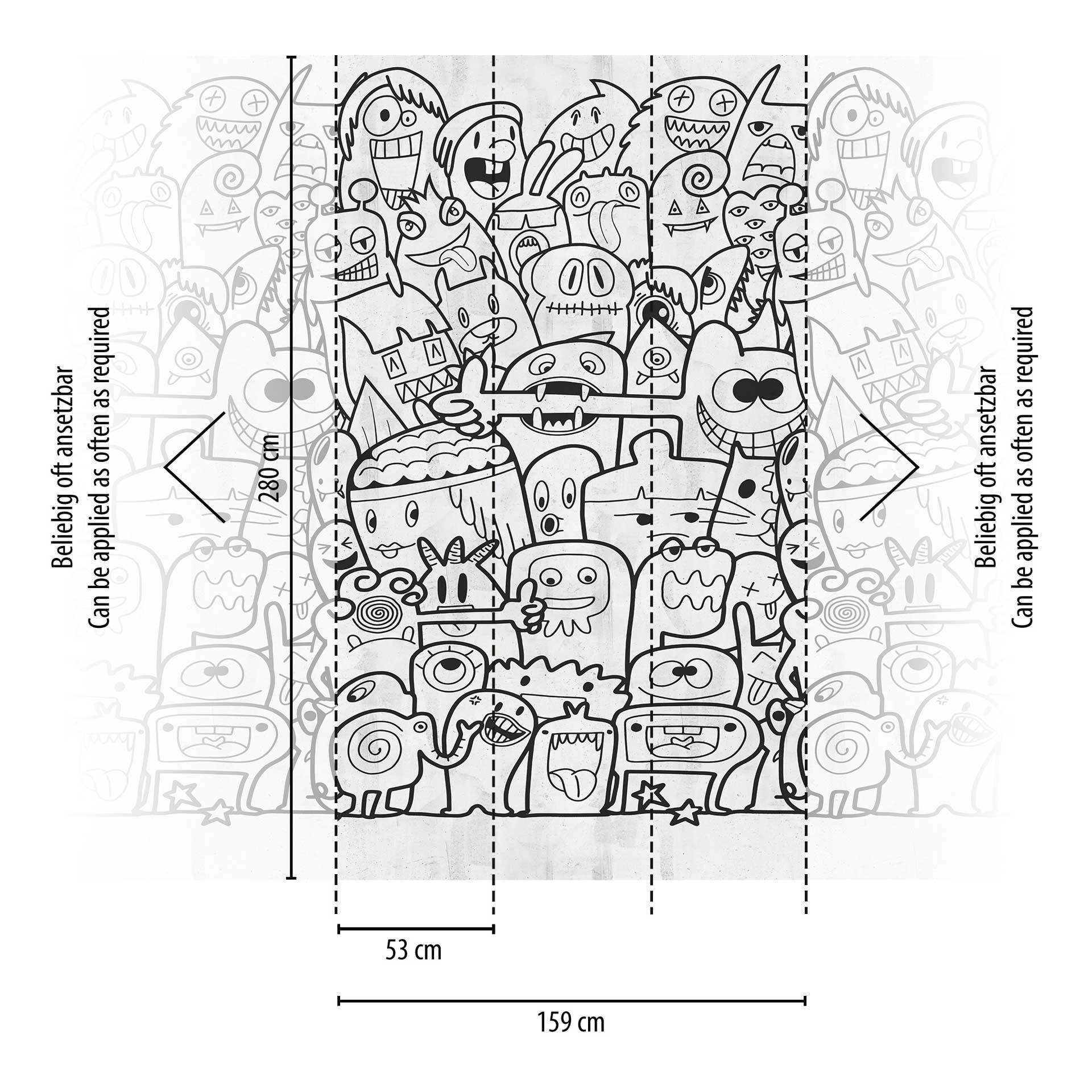 Stripbehang met grappige karakters zwart wit - vliesbehang cartoon design - behangpapier
