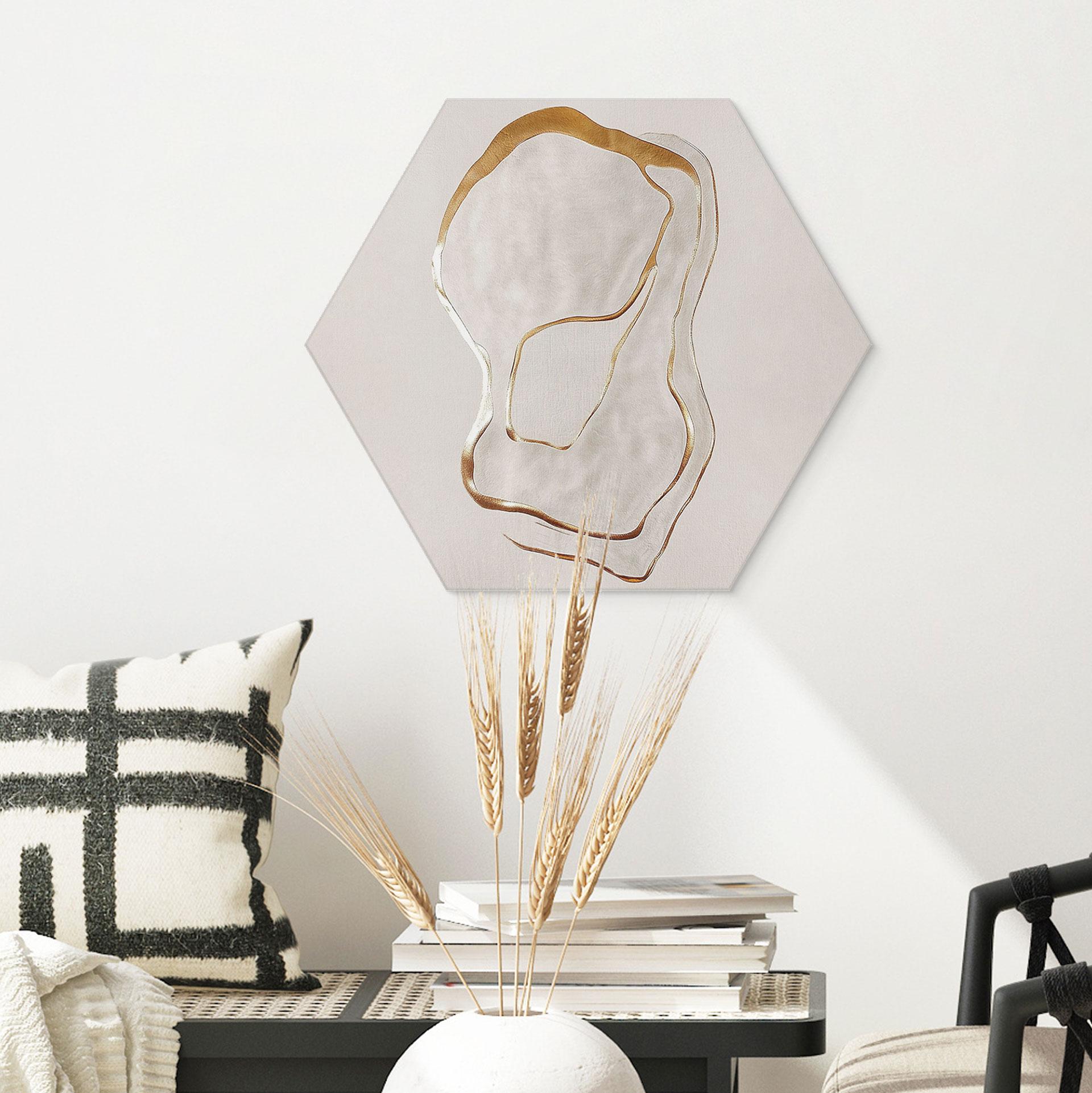 Sekskantet, abstrakt billedkunst i guld og beige - Aluminium dibond - Alma