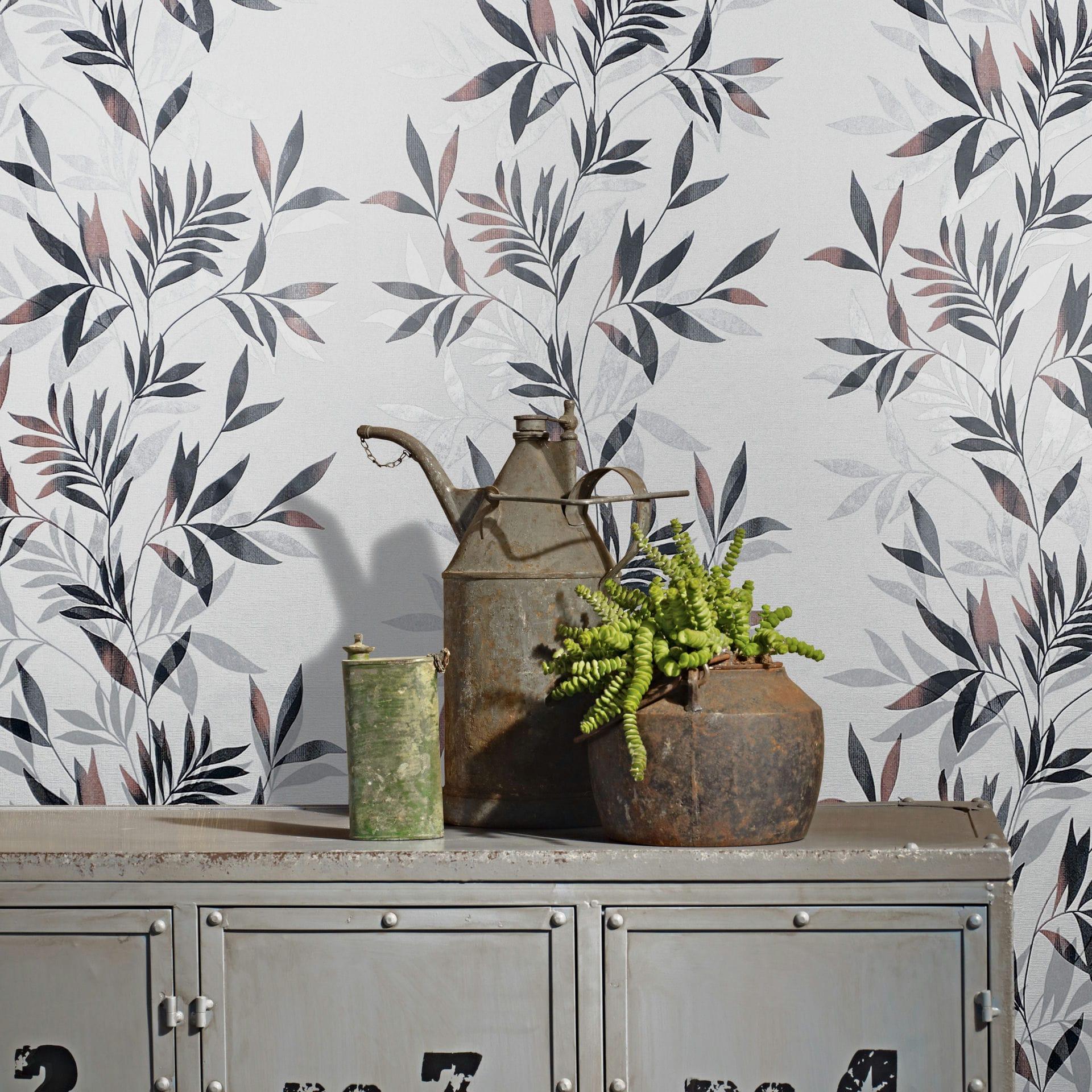 Non-woven tapet i hvid, sort bladmotiv bladlook blomstret natur