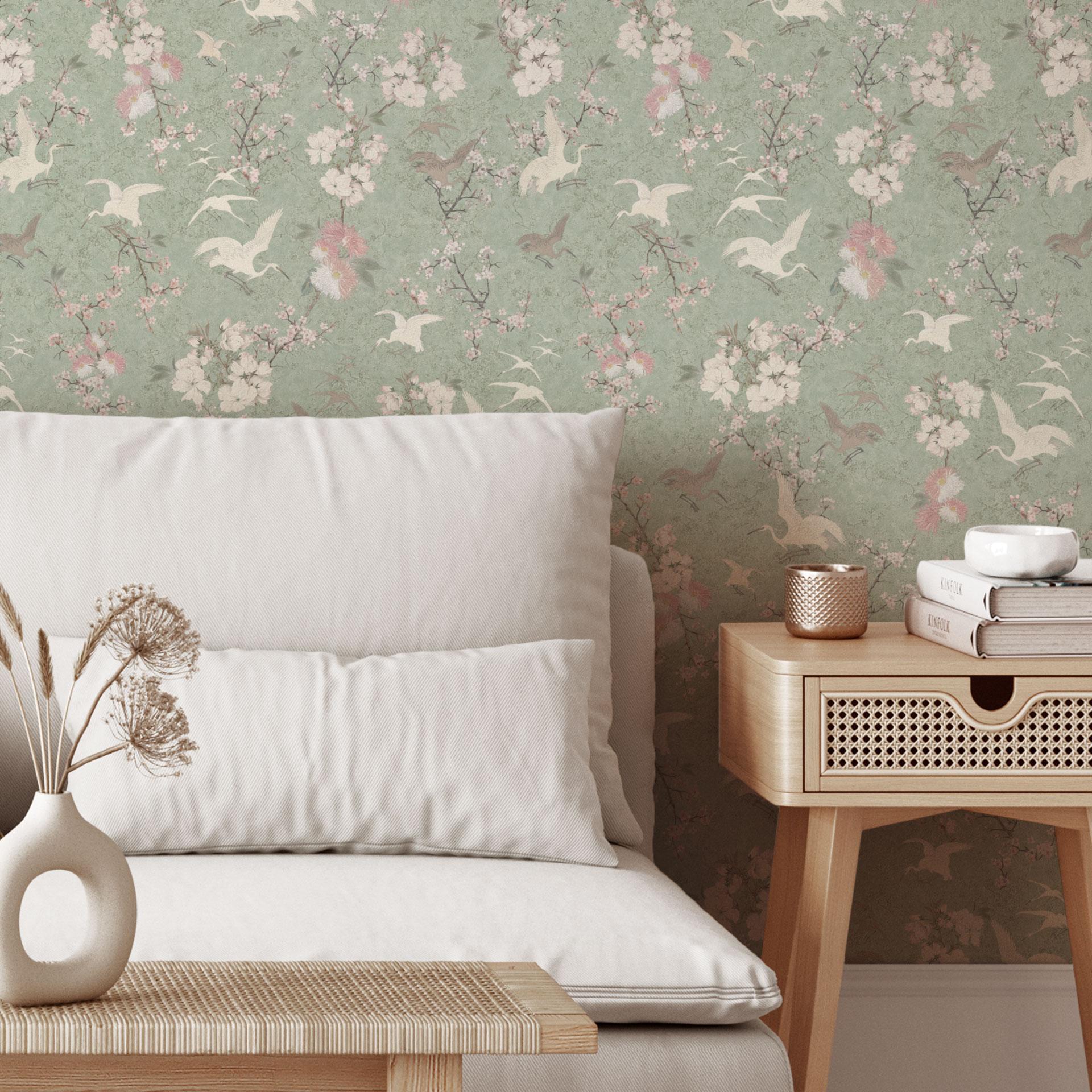 Patroonbehang vogel behang kraanvogels in kersenbloesem razernij groen - Bloomery Decor