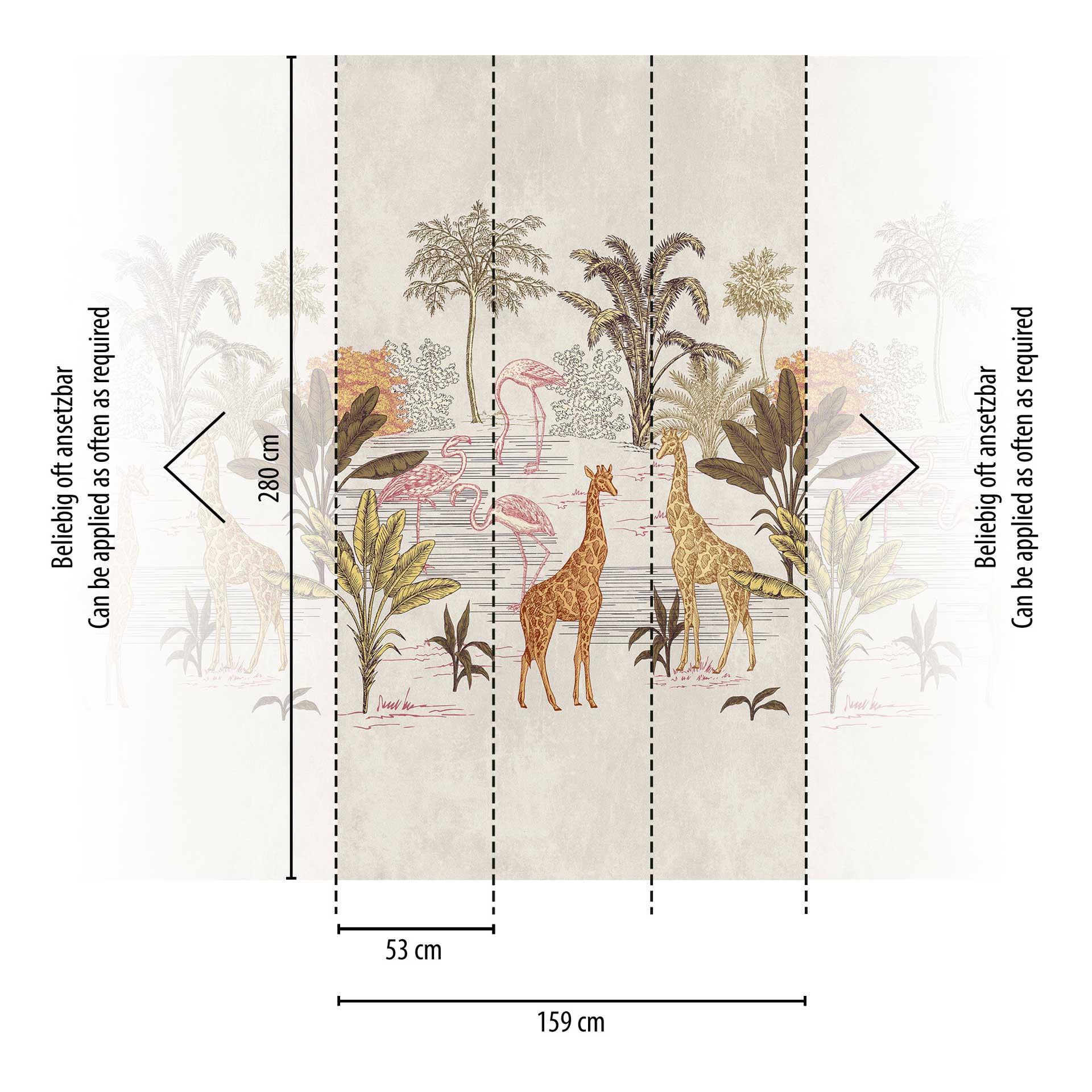 Safari behang beige kleurrijk - vliesbehang met giraffen & palmbomen voor woonkamer & kinderkamer