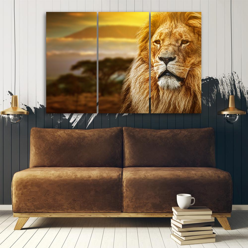 3 stykke lærredstryk, Lion Africa Savannah Landscape