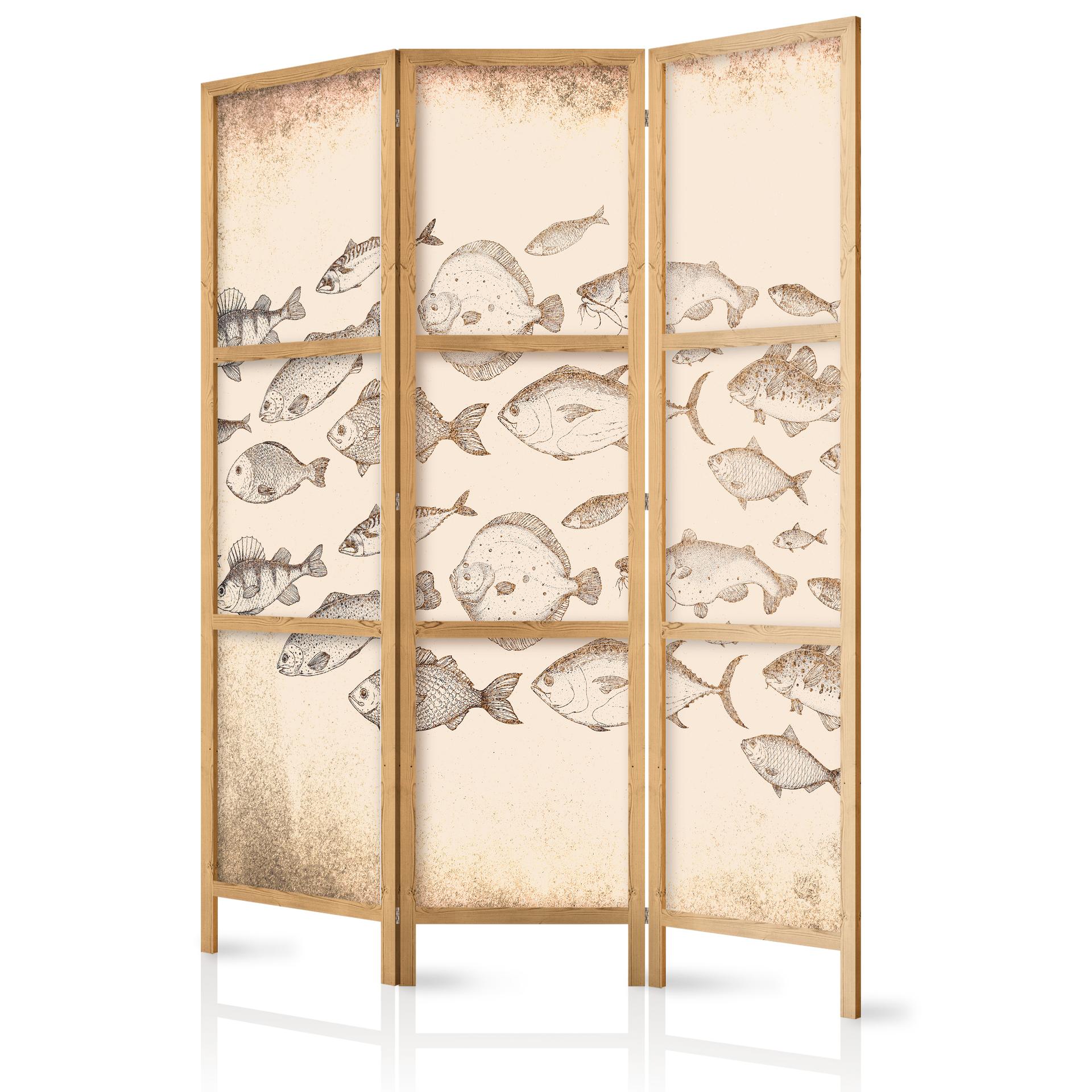 Japanischer Paravent, Raumteiler freistehend, Trennwand - Sketch of School of Fish