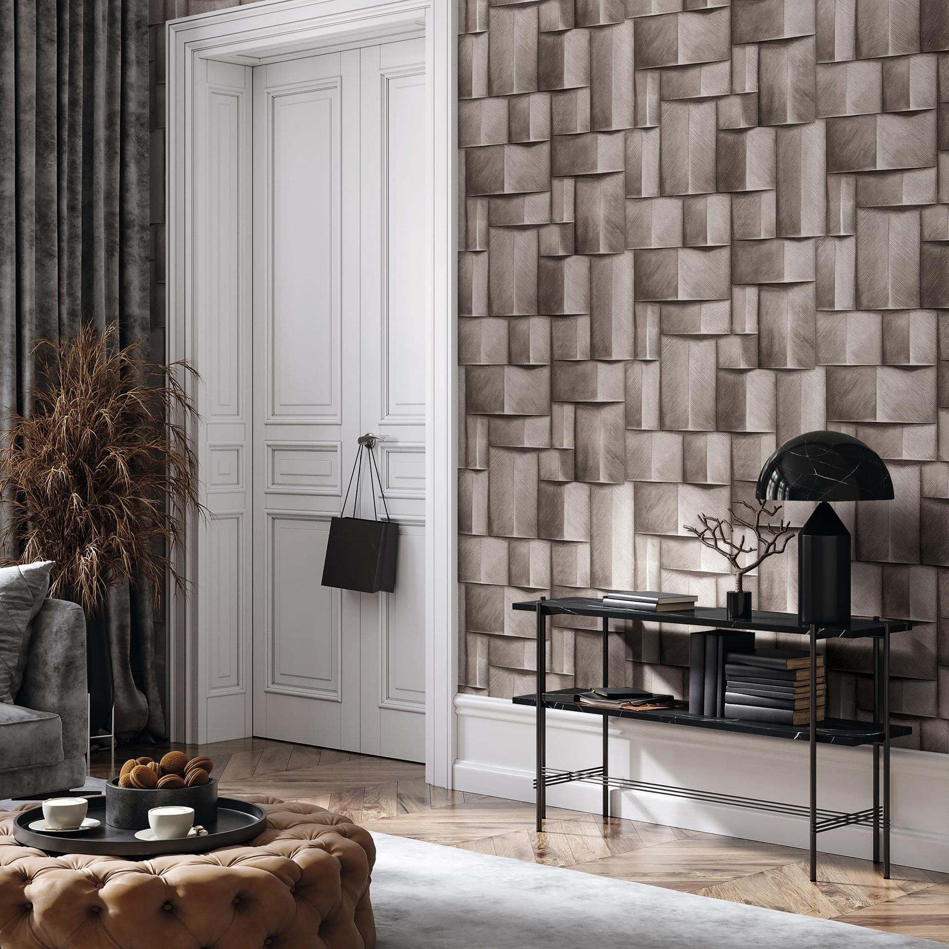 Non-woven tapet med træmotiver geometrisk brun 3D-look