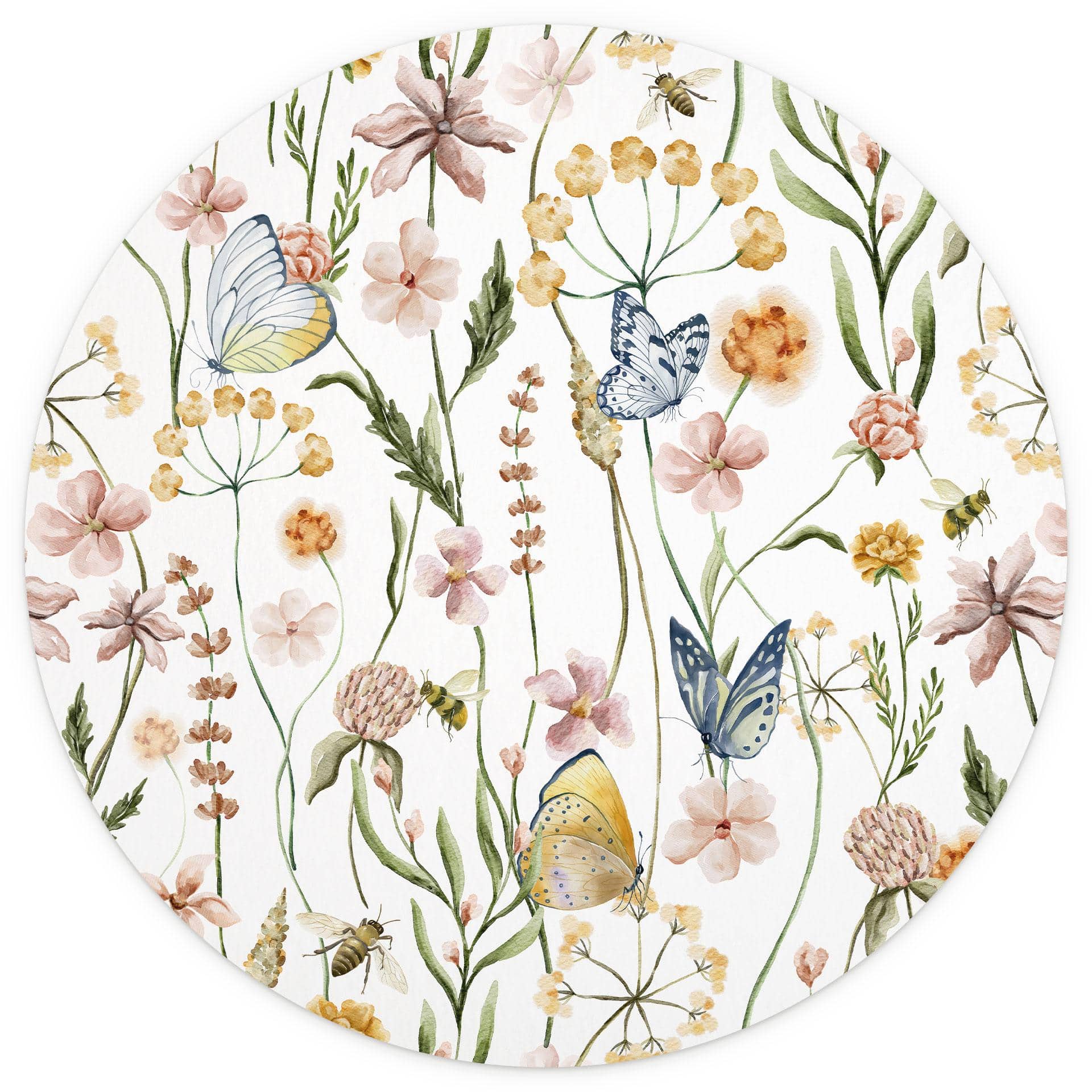 Fotomurale tondo Prato di primavera con farfalle - UN Designs - carta da parati in tessuto non tessu