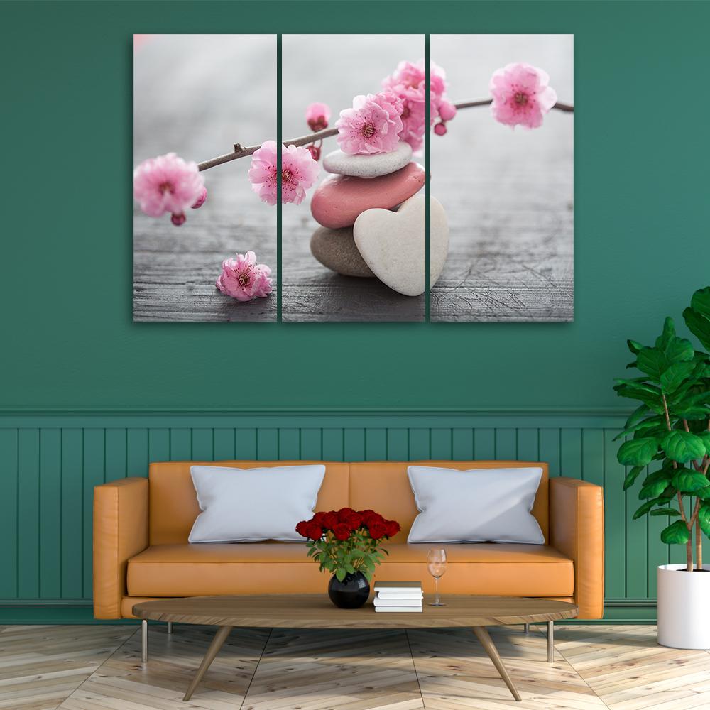 3-delt lærredsprint Zen Cherry Blossom Heart Stone