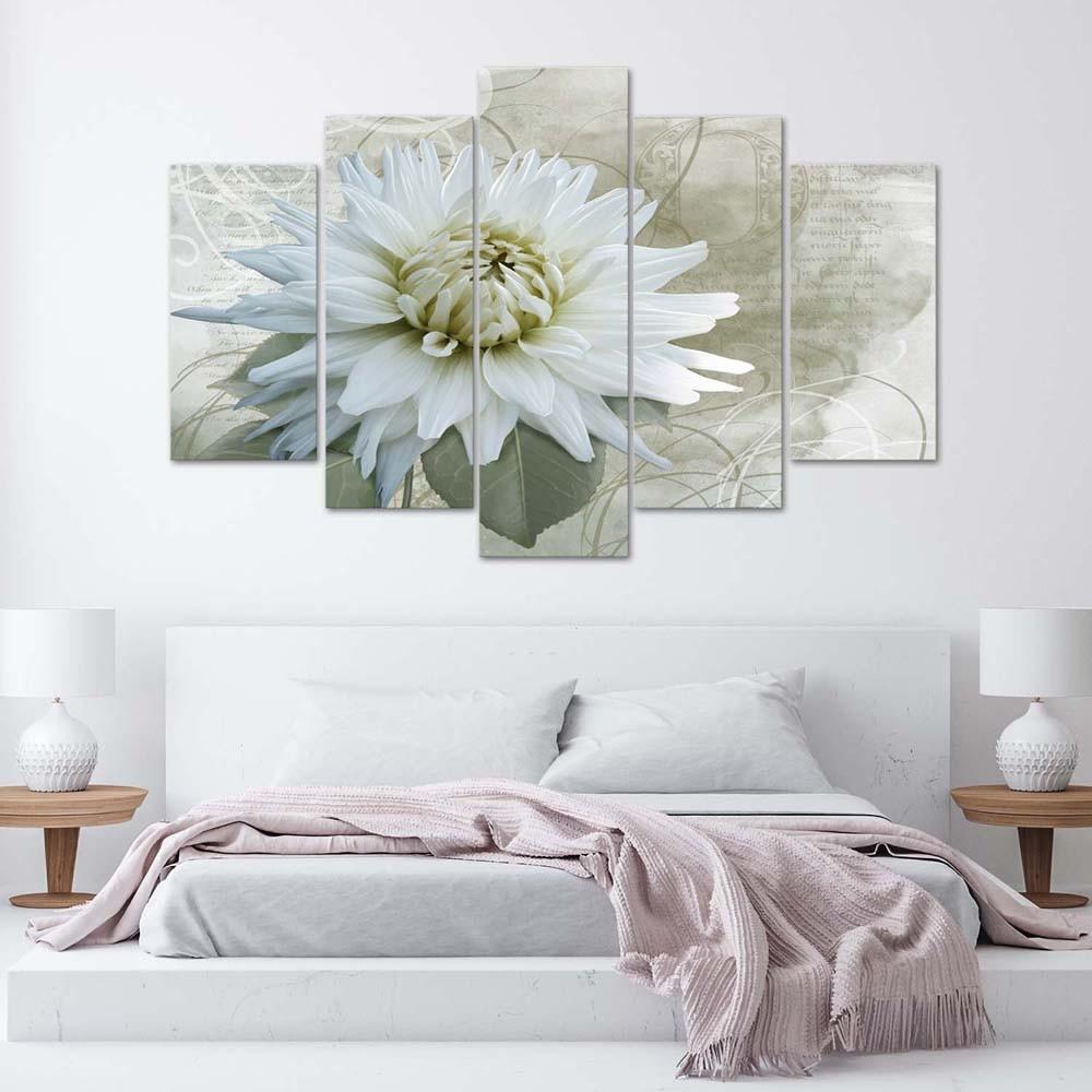 5 stykke lærredsprint hvid blomst beige vintage