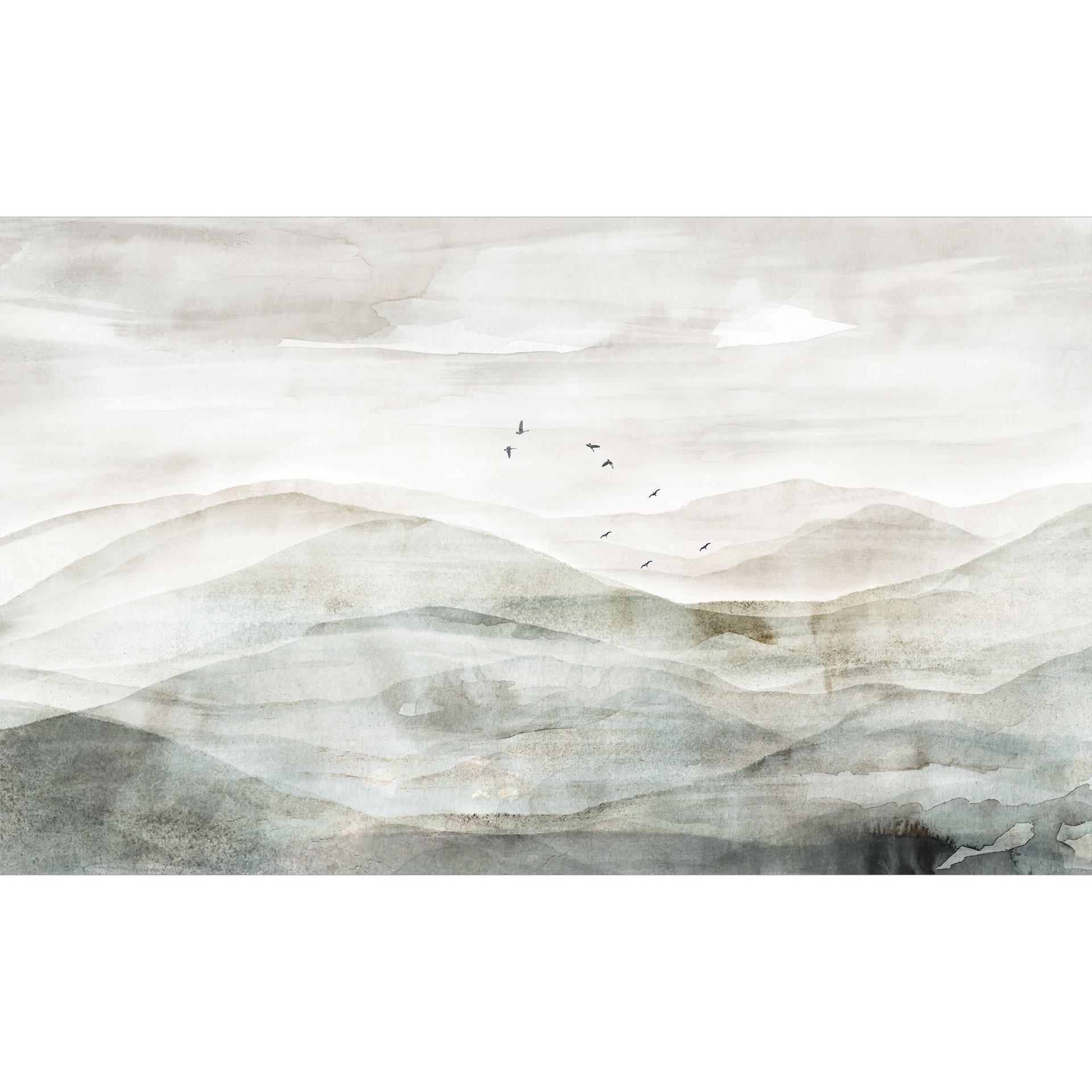 Fototapete mit Bergsilhouette - Neblige Berglandschaft Aquarell - Ms Tiff