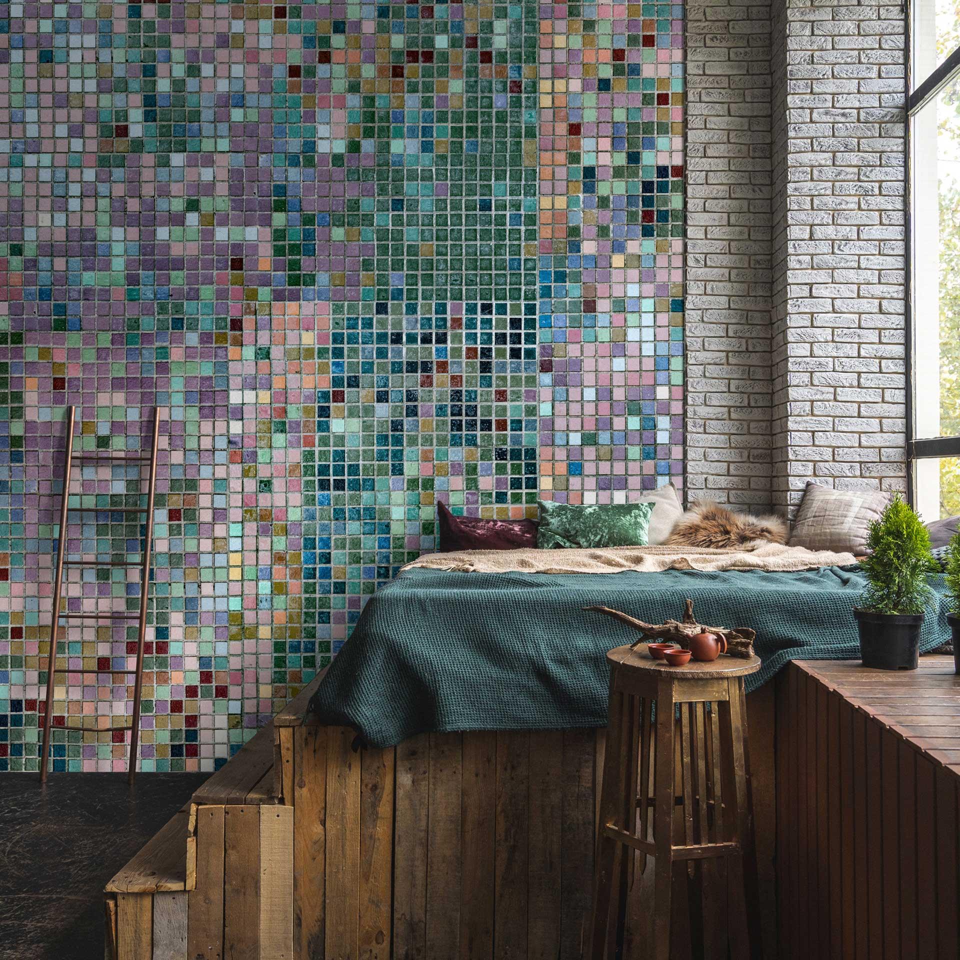 Fototapet med mosaikfliser - farverigt glasmosaikdesign