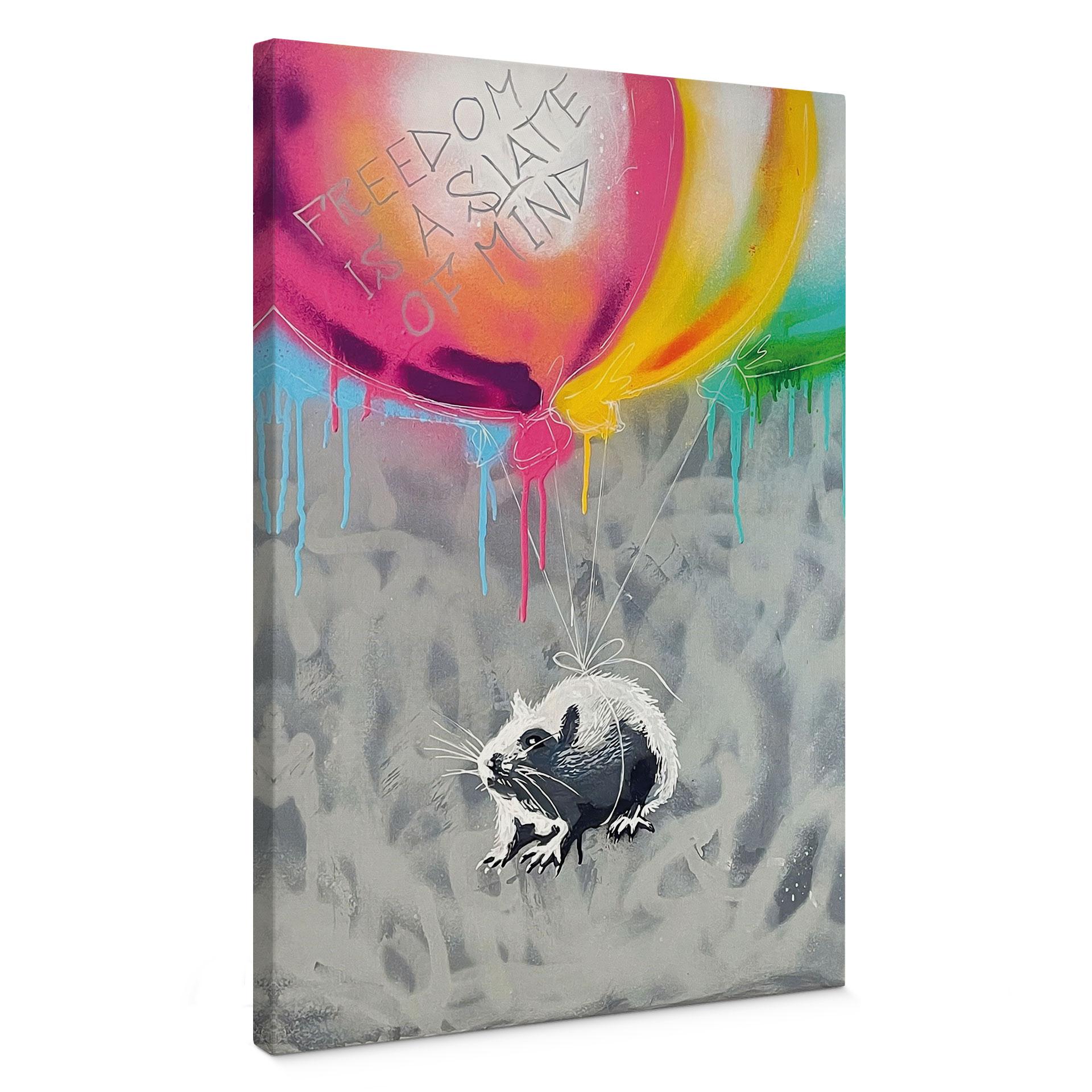 Canvas schilderij Streetart Rat Freedom Ballonnen - Habib