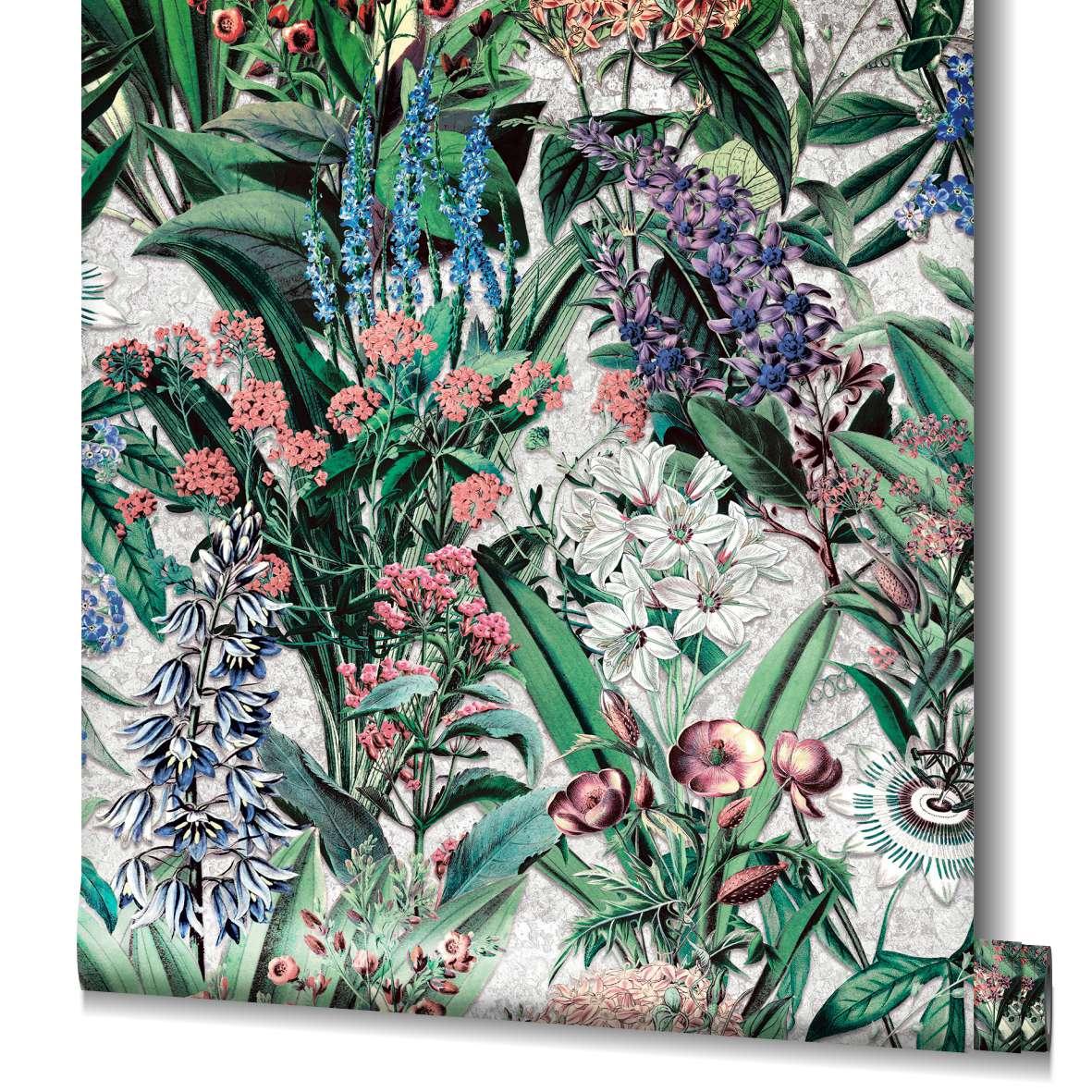 Behang vliesbehang Flora grijs, groen