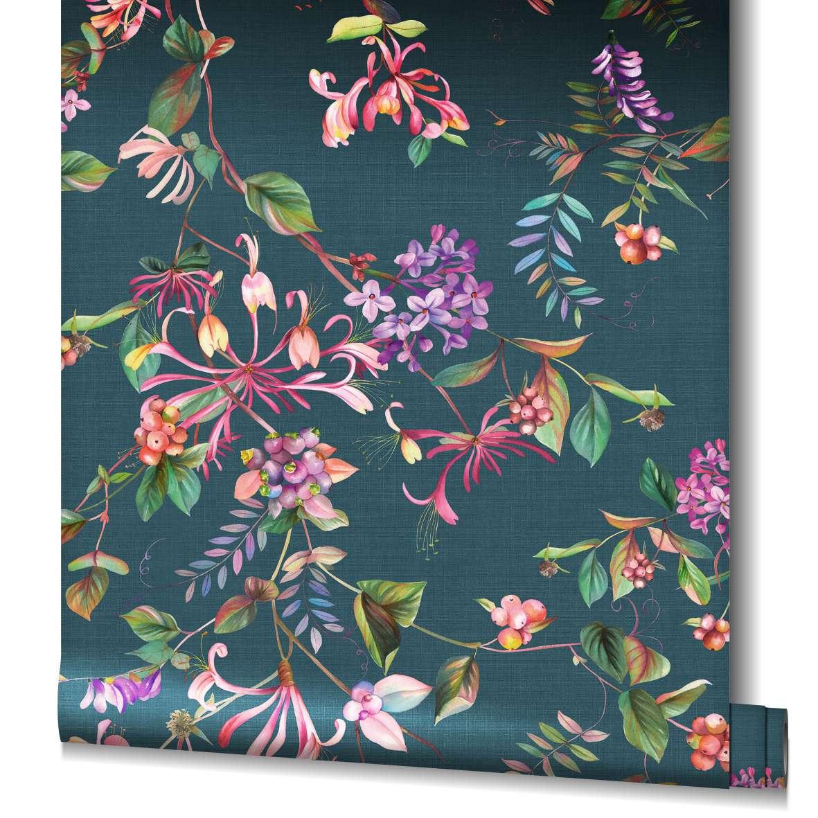 behang, vliesbehang bloemen Flora grijs, blauw
