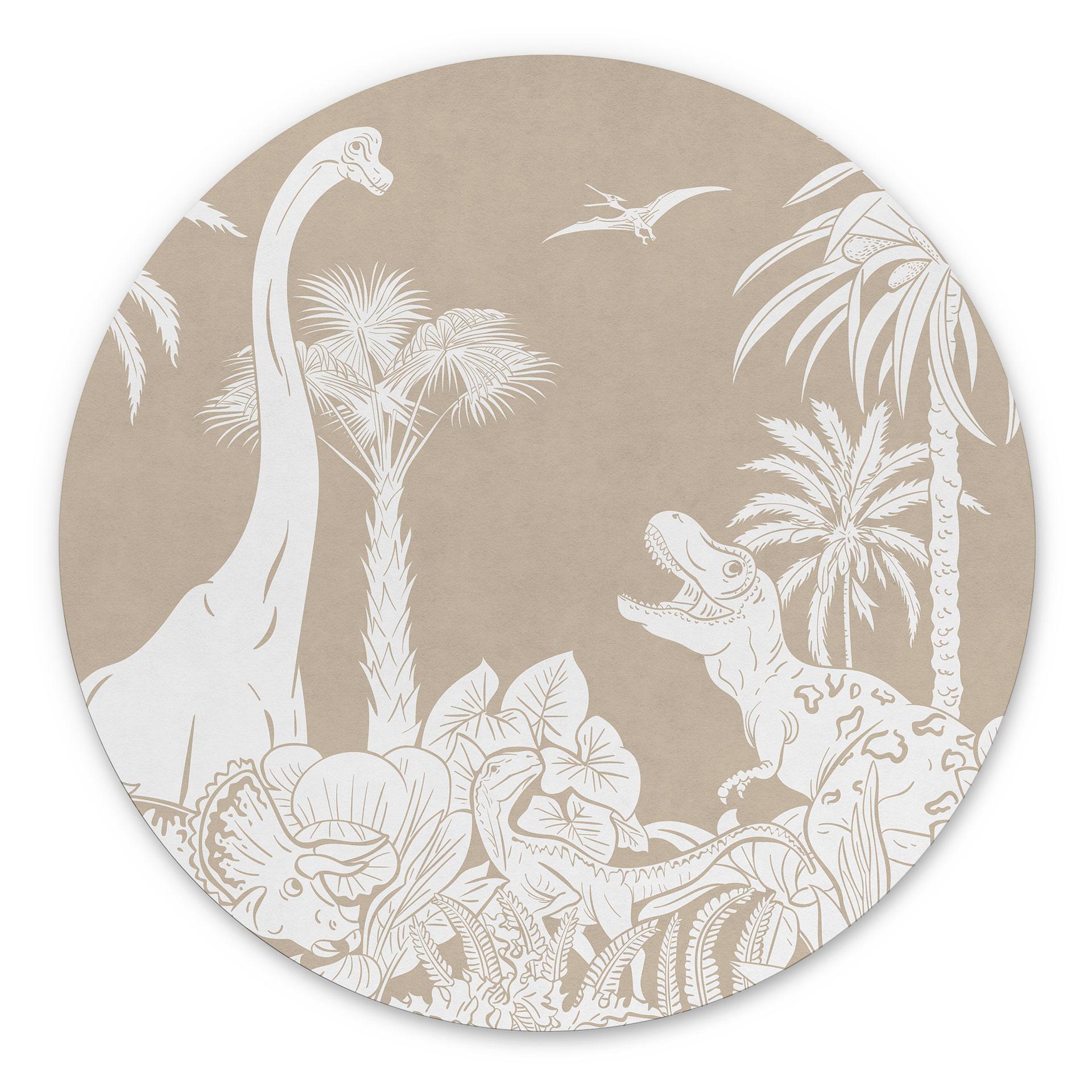 Rundt billede Dinosaurer i den vilde jungle - Brun - Kikki Belle – print på aluminium (Alu-Dibond)