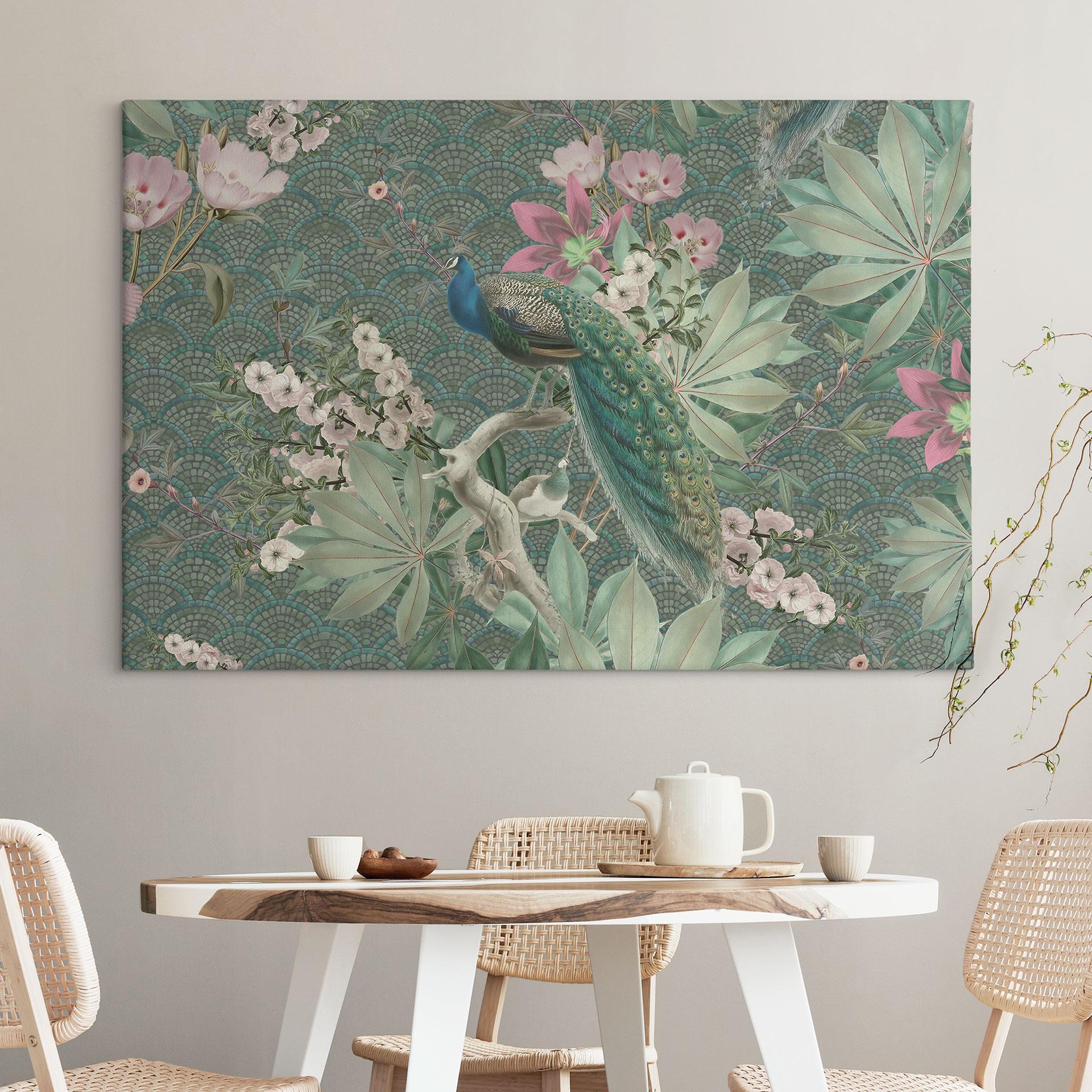 Canvasbillede påfugl i tropisk have på mosaik - Bloomery Decor
