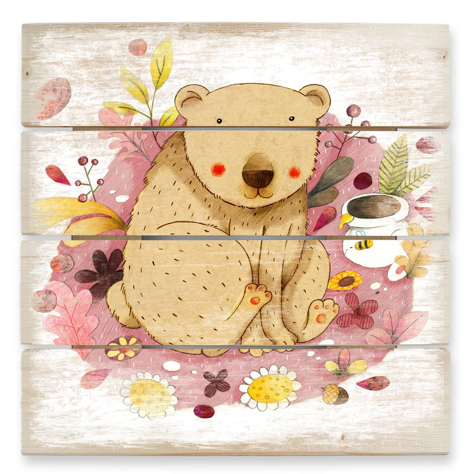 Cuadro de madera Loske - Oso con tarro de miel - 40x41,5 cm