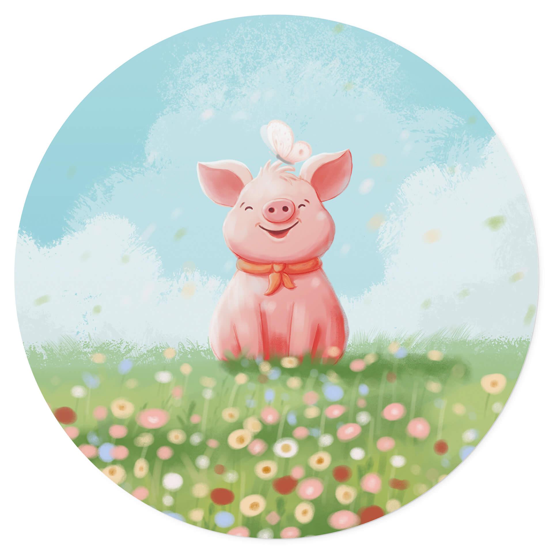 Vinilo decorativo tailandés - Cerdito feliz en el prado de verano - Redondo