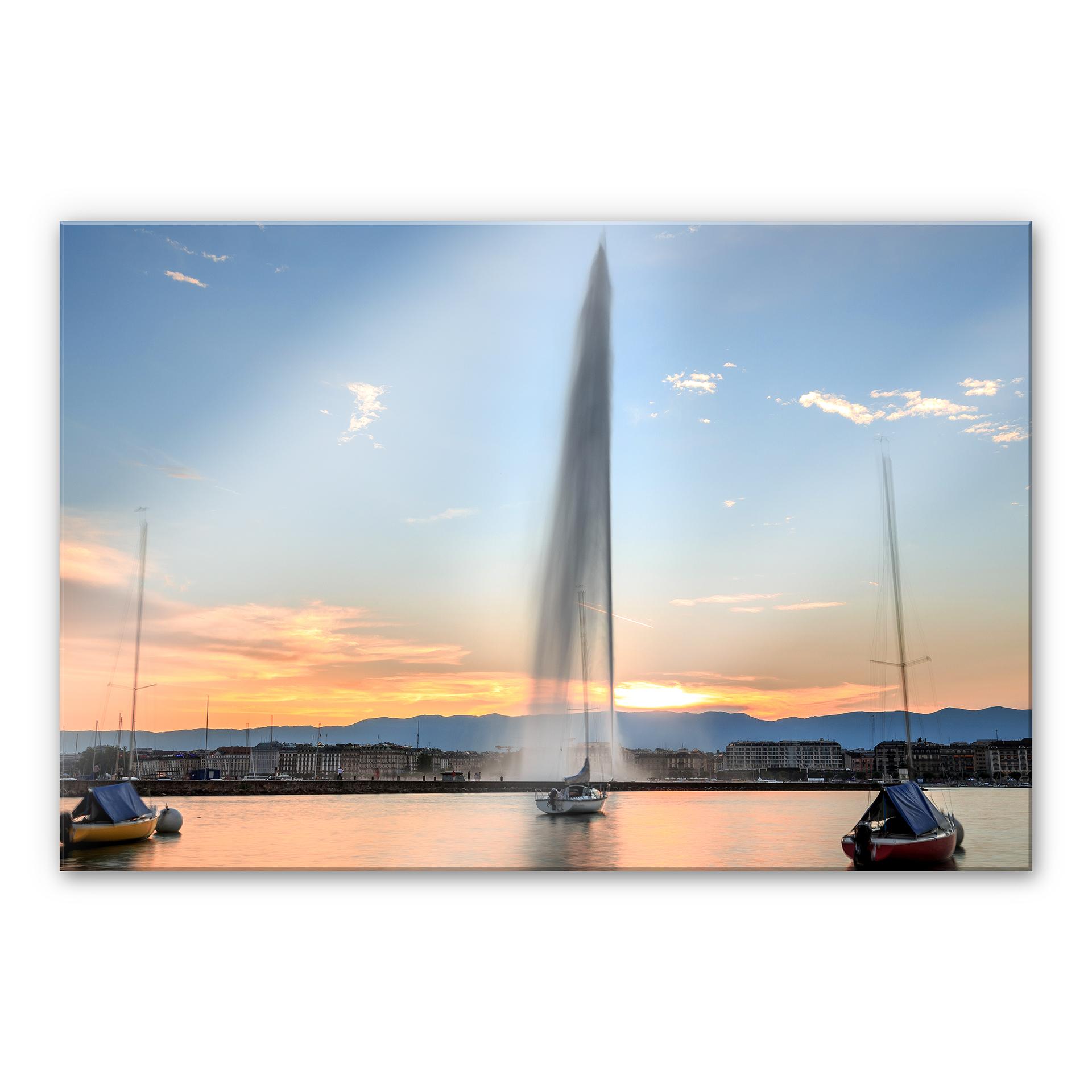 Akrylbillede vandfontæne i Genèves solnedgang