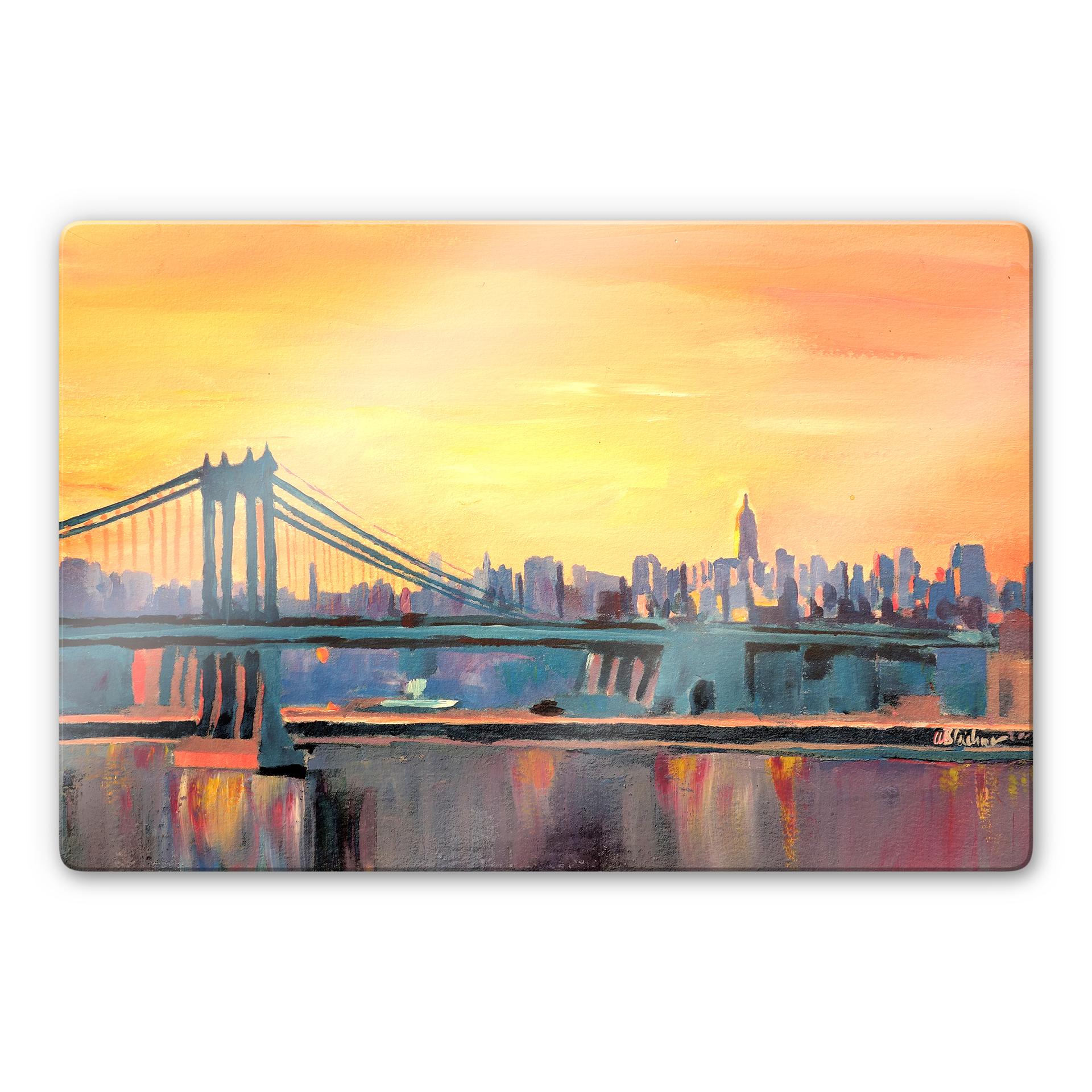 Glasbillede - Bleichner - Blå manhattan skyline med bro og vaniljeskyer