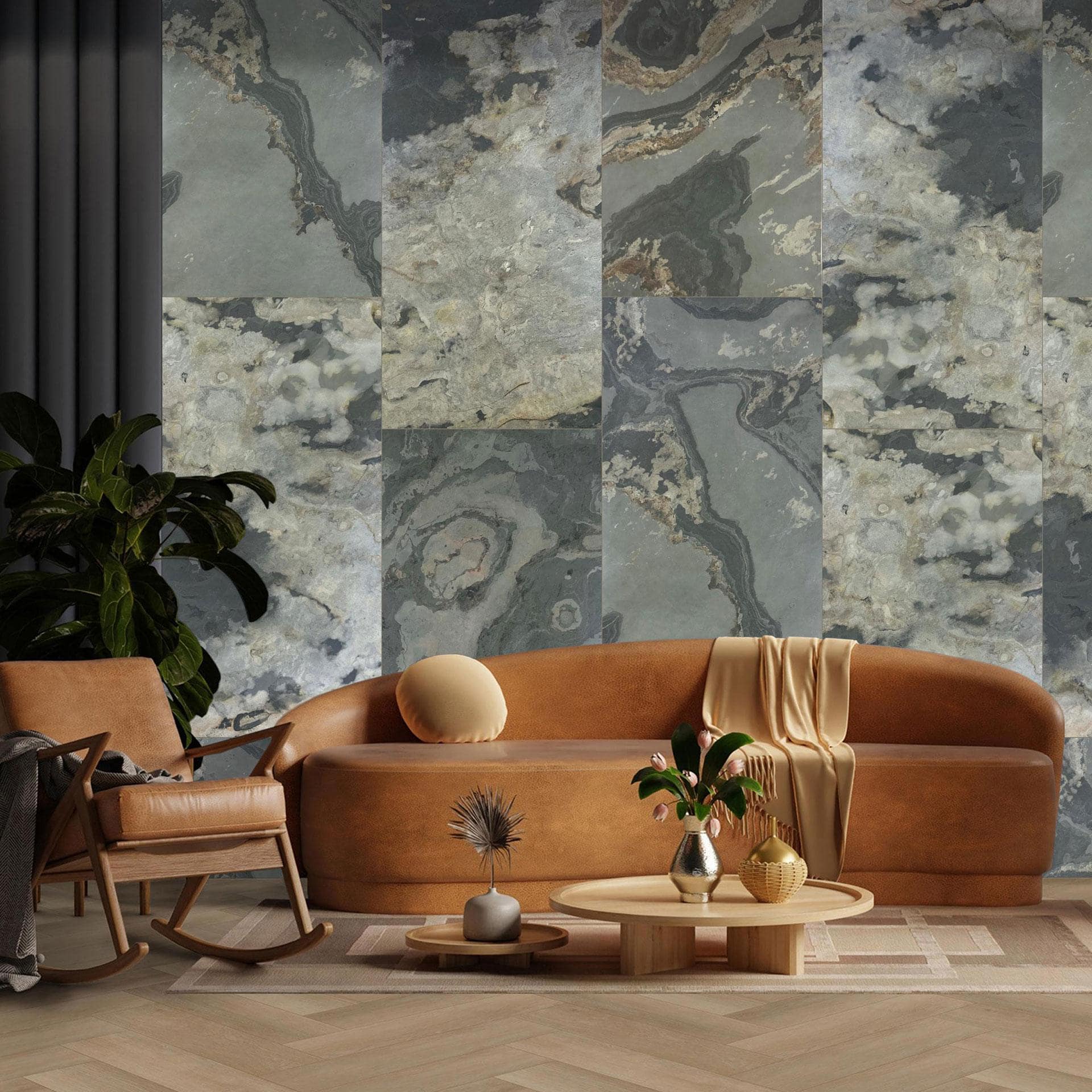Echtstein - 3D Wandpaneel, Set aus 6 Natursteinplatten als luxuriöse Wandverkleidung - Patina Schief