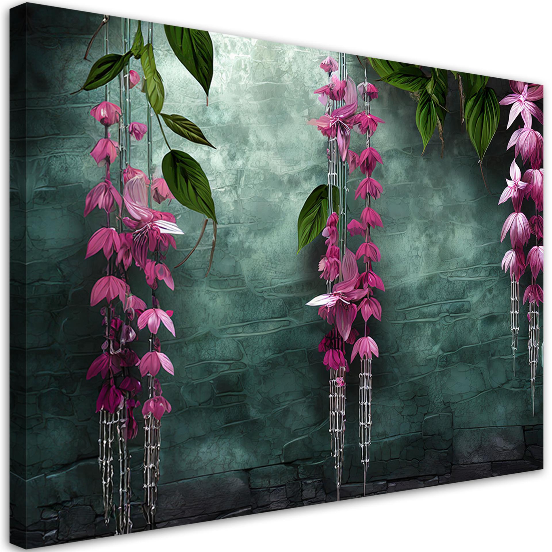 Canvasbillede, Hængende blade og blomster på en grøn baggrund