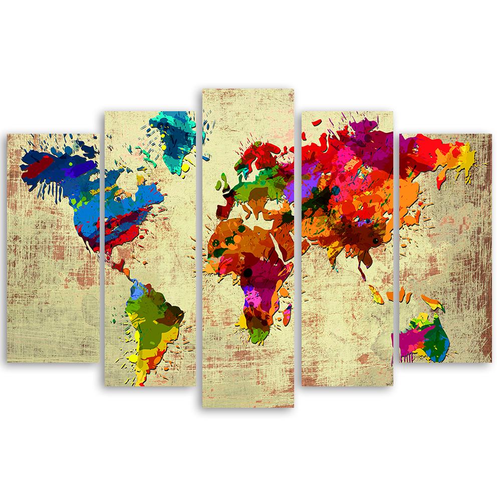 5-delige canvas print kleurrijke wereldkaart