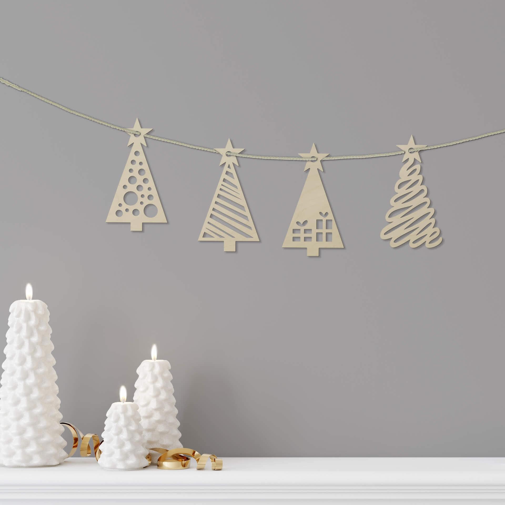 Holzdeko Weihnachten - Tannenbaum mit Muster 4er Set - Pappelholz - je 6x10 cm