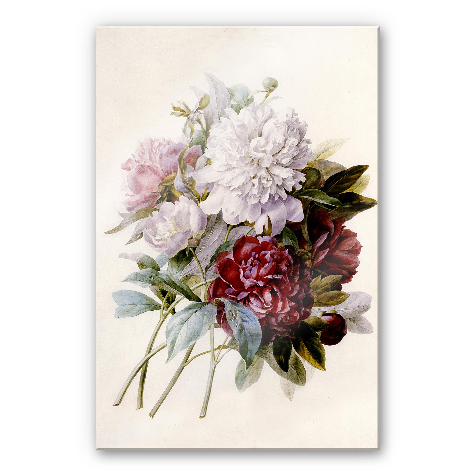 Tableau en verre acrylique - Redouté - Bouquet de roses trémières rouges, violettes et blanches