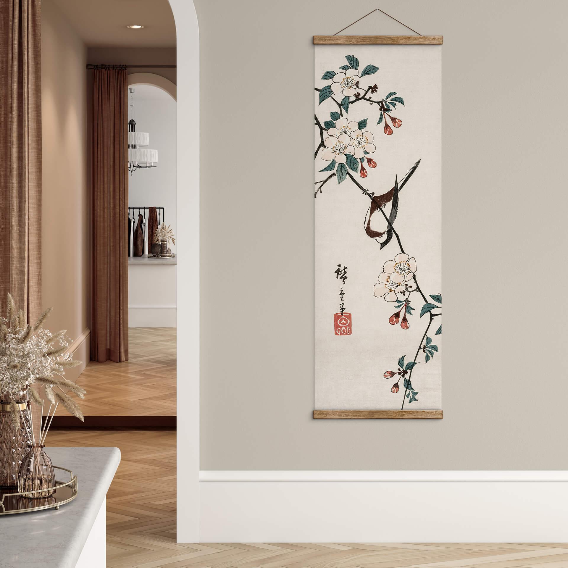 Textielposter Hiroshige - Kersenbloesem Vogel - Panorama