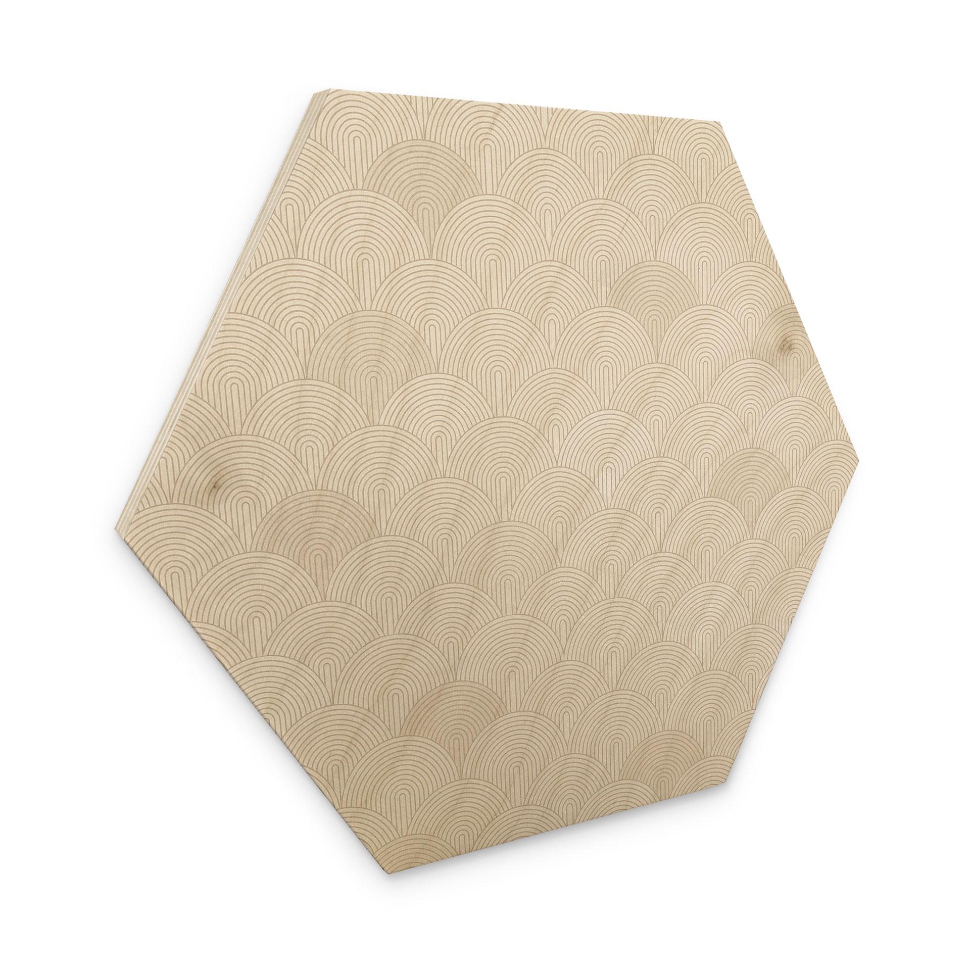 Sekskantet billede af træ Abstrakte halvcirkler i blød beige - Bloomery Decor