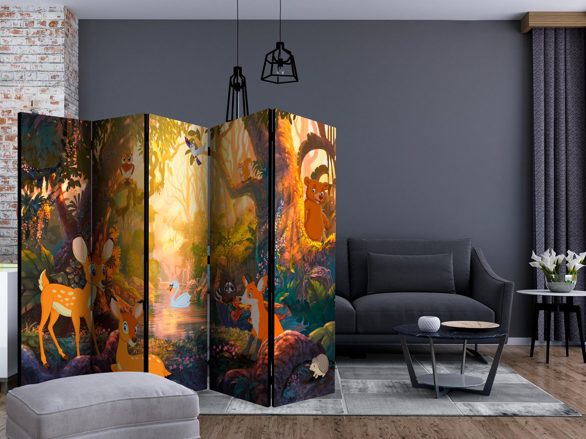 Schermo divisorio - Animali nella foresta , 5 pezzi - 225x172 cm