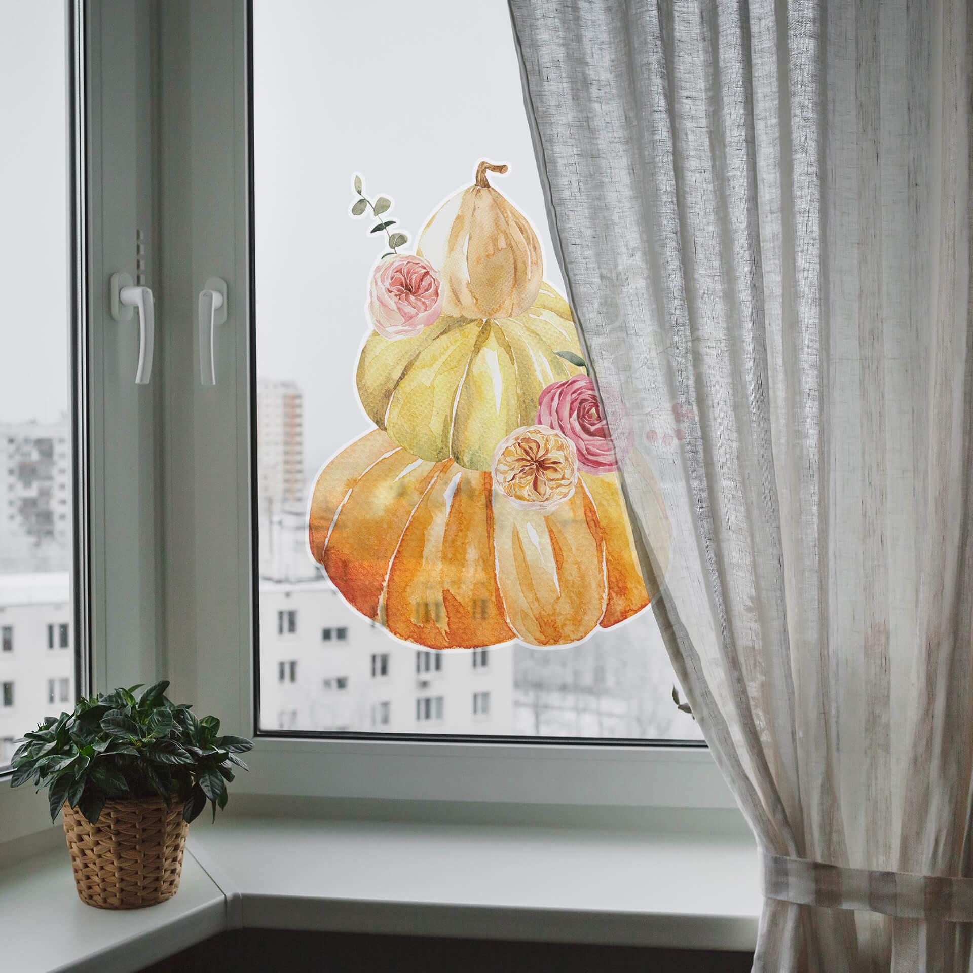Fensterbild Kürbisbouqet mit Rosen