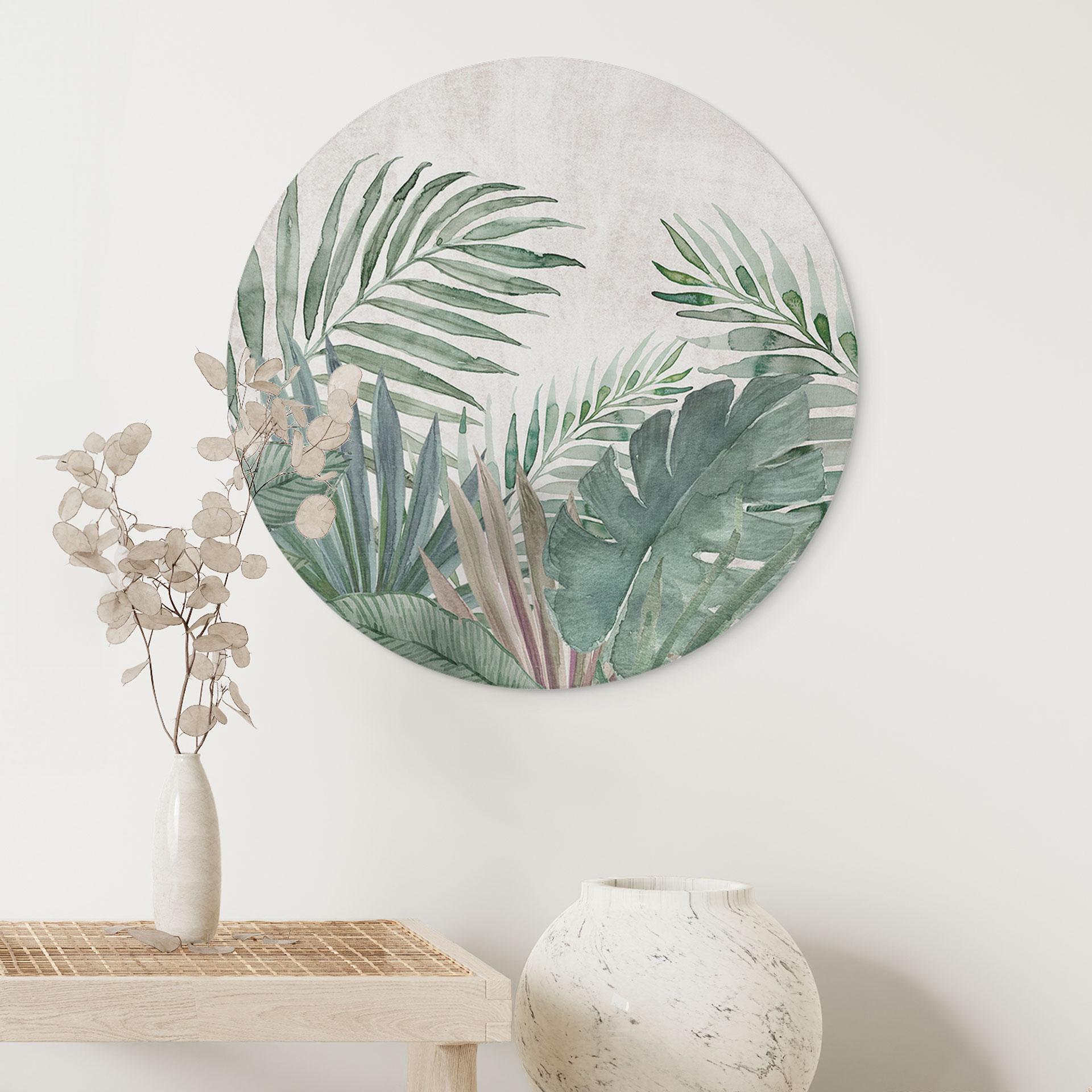 Billede Jungleblade Grøn Akvarel - Blomsterdekoration - rund – print på aluminium (Alu-Dibond)