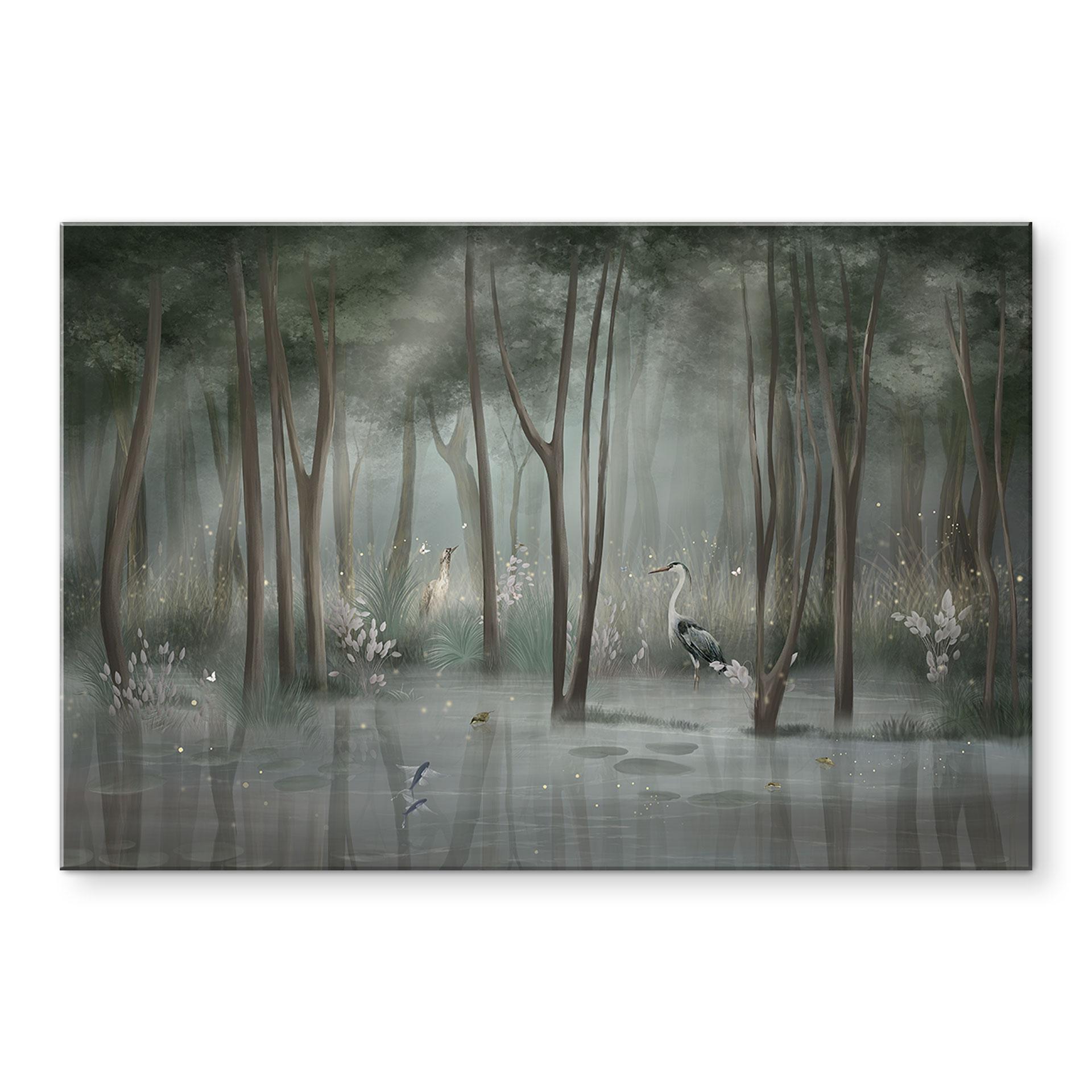 Acrylglasbild Nebelwald am See mit Reiher in Grün - Ms Tiff