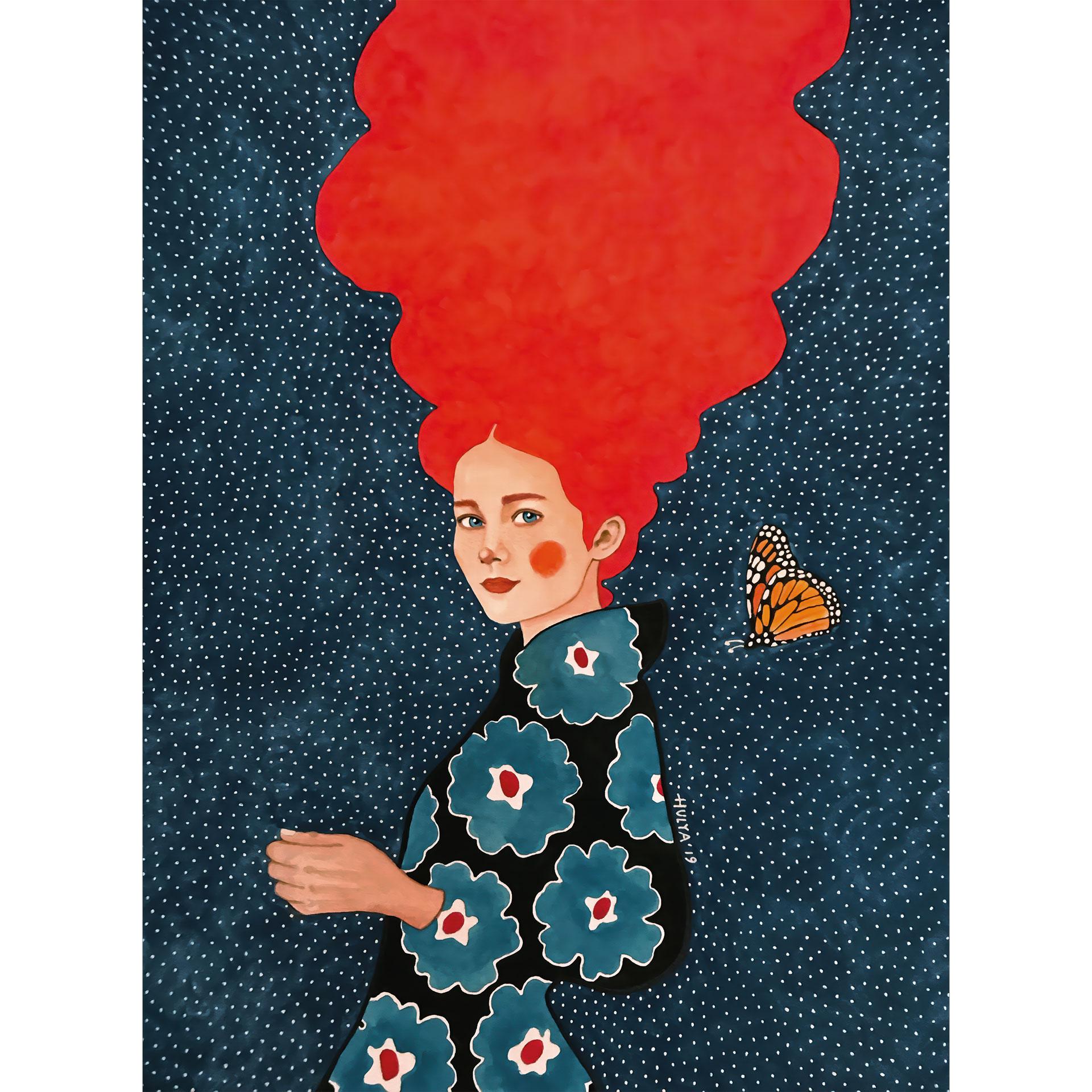 Fotobehang Vrouw in bloemenjurk met vlinder - Hülya