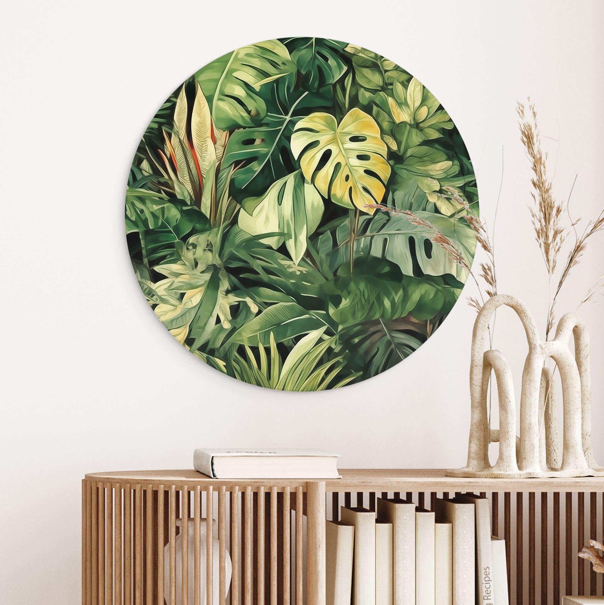 Billede af jungleplanter - Jaszke - rund – print på aluminium (Alu-Dibond)