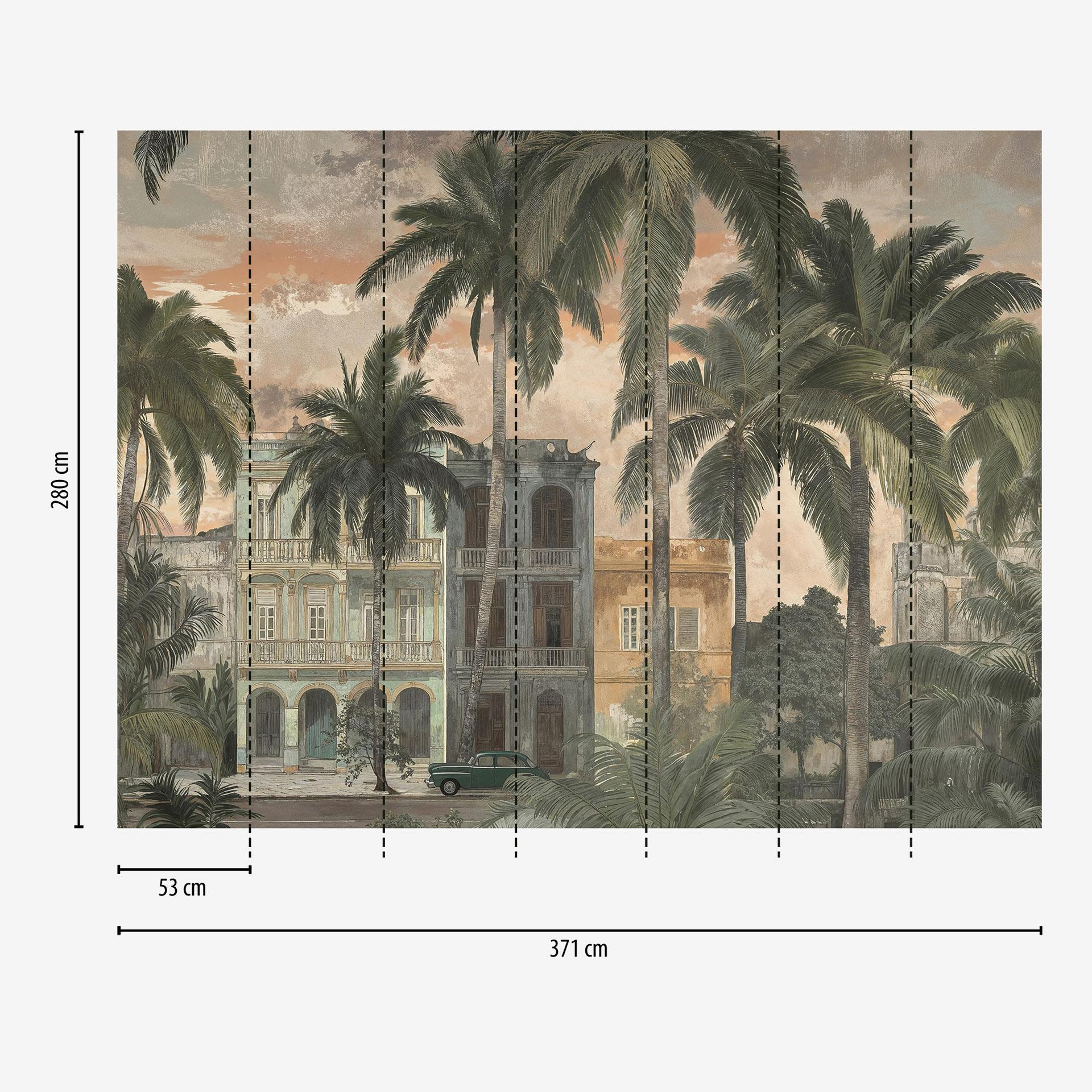 Palmbomen huizen vintage beige groen 371x280 cm Vliesbehang