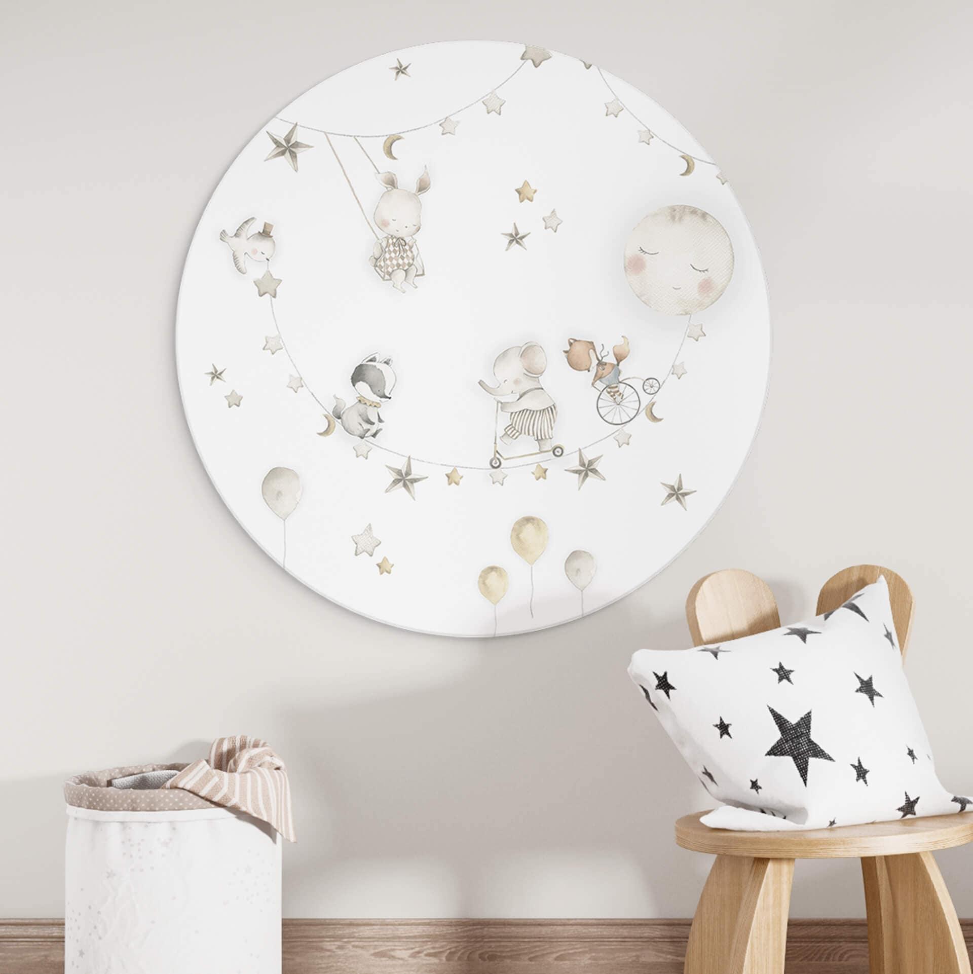 Rundes Wandbild Fröhliche Tiere mit Sternenhimmel - Oliver Robins - Alu-Dibond