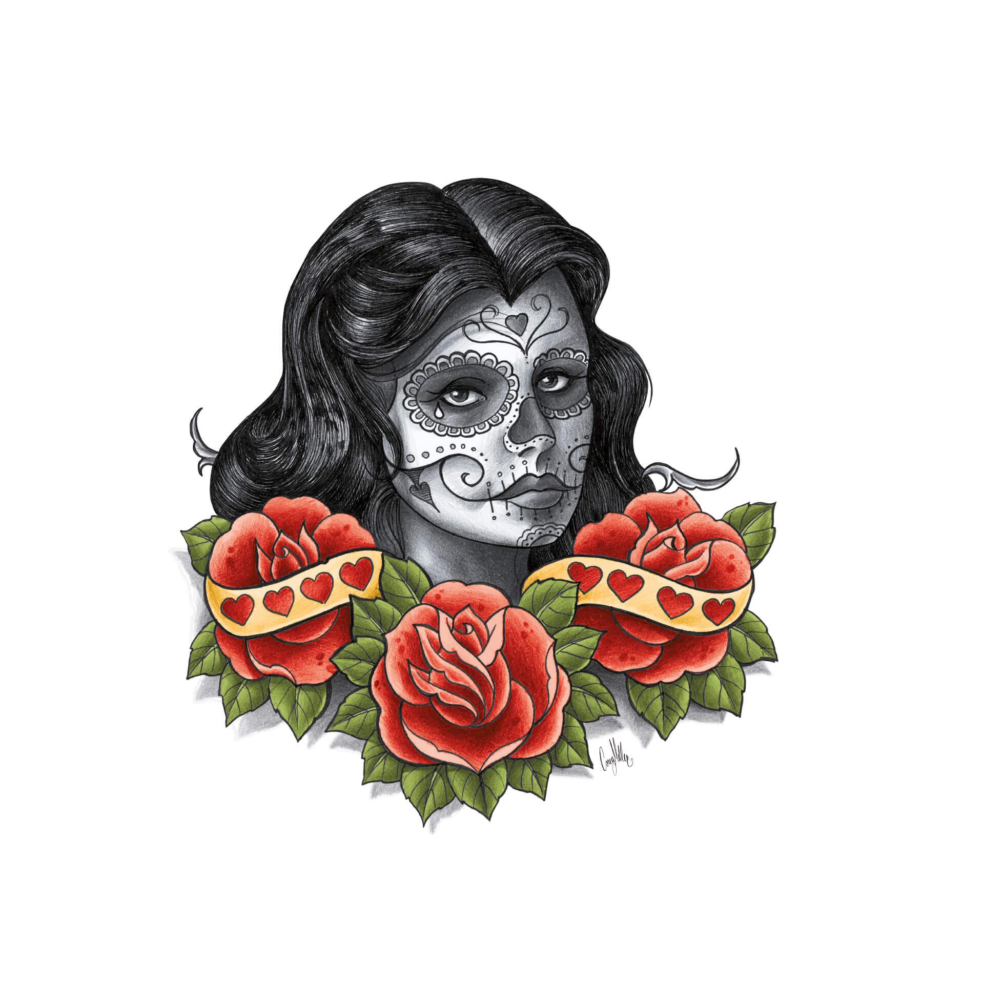 Wandtattoo LA Ink Frau mit Sugar Skull
