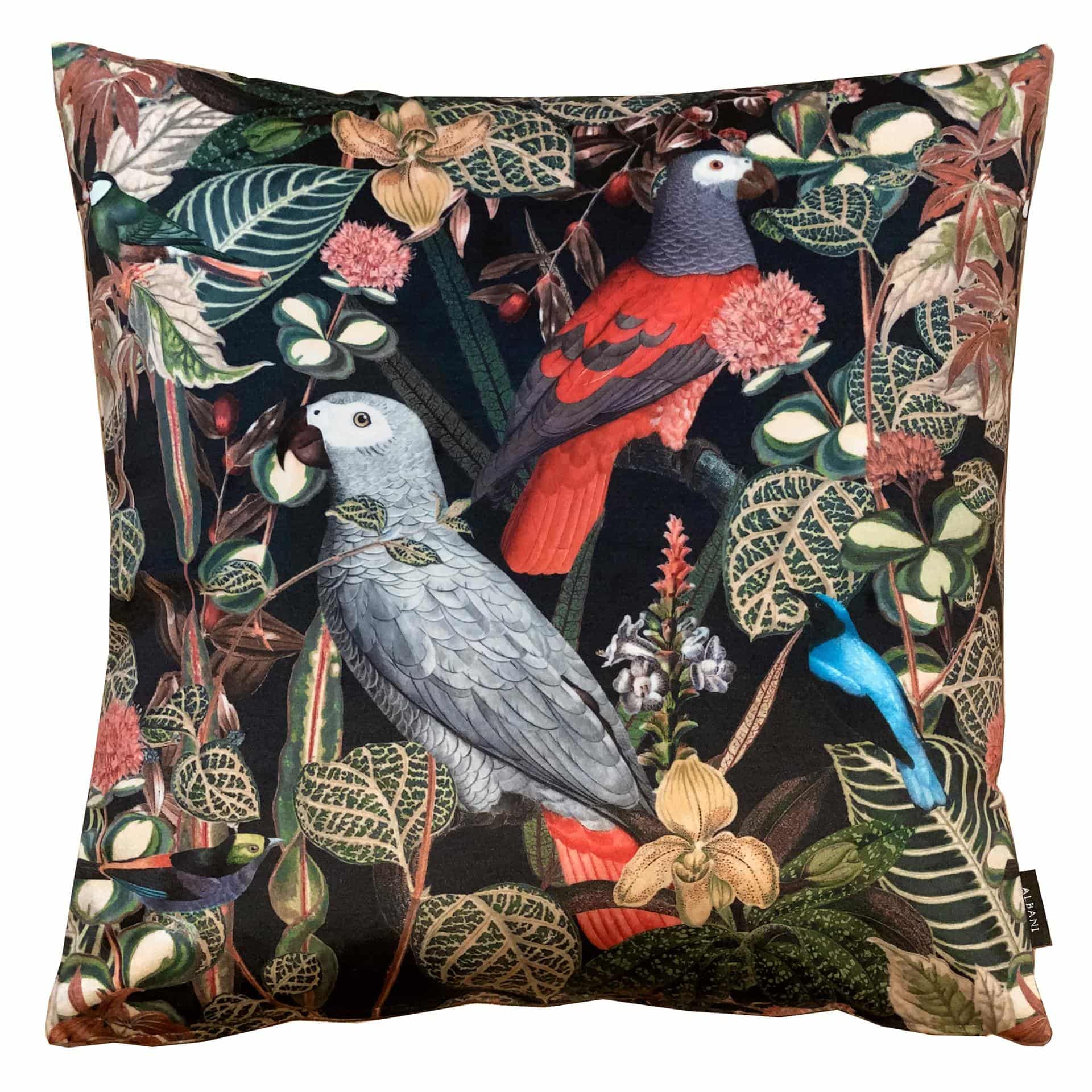 Bunte Kissenhülle mit Vögeln und Blättermotiv in 45x45 cm