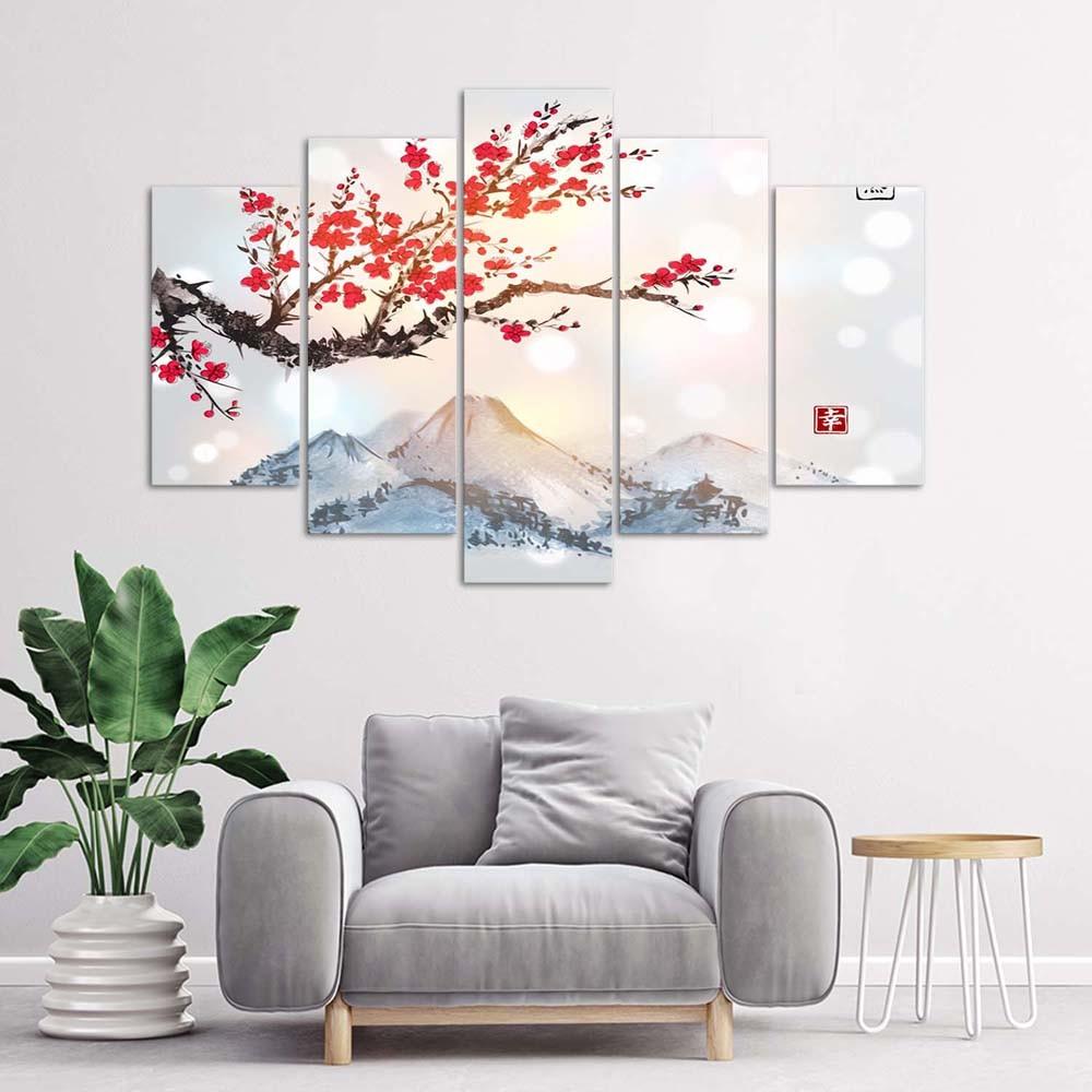 Lærredstryk 5 styk, Japansk kirsebærblomst