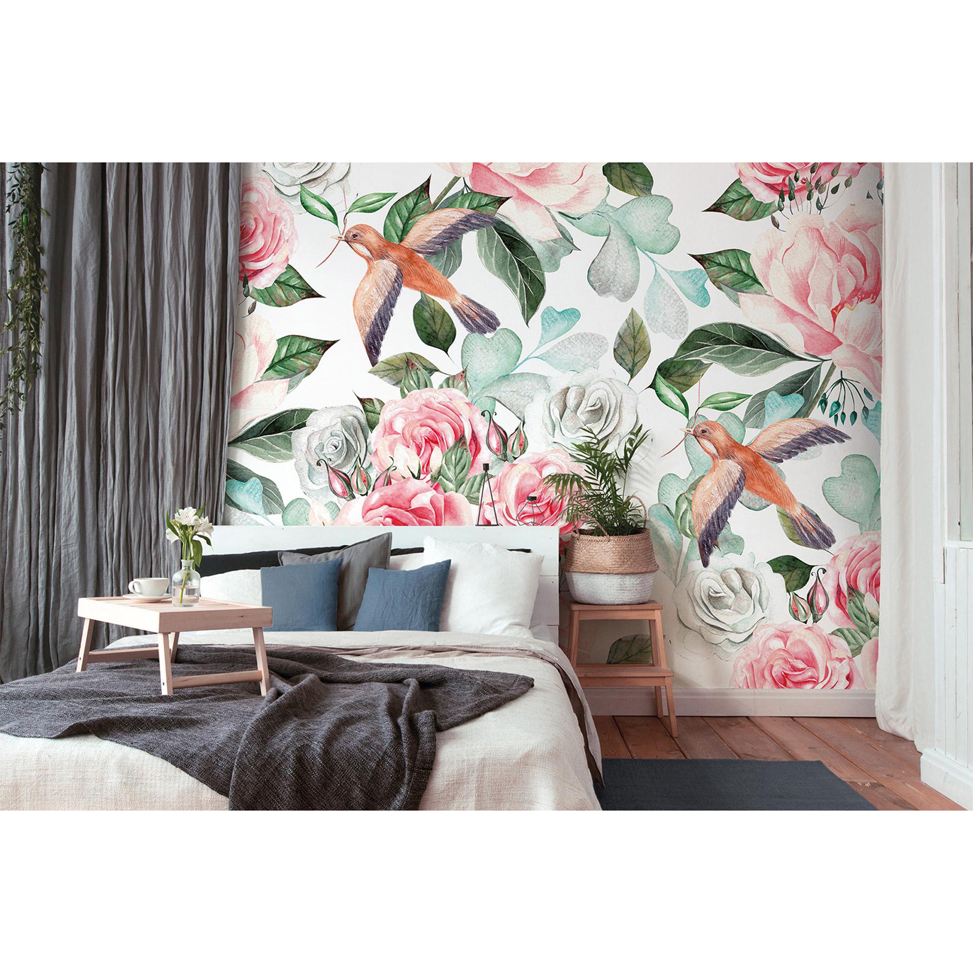 non-woven tapet Paradise birds roser fototapet Designwalls i hvid og pink