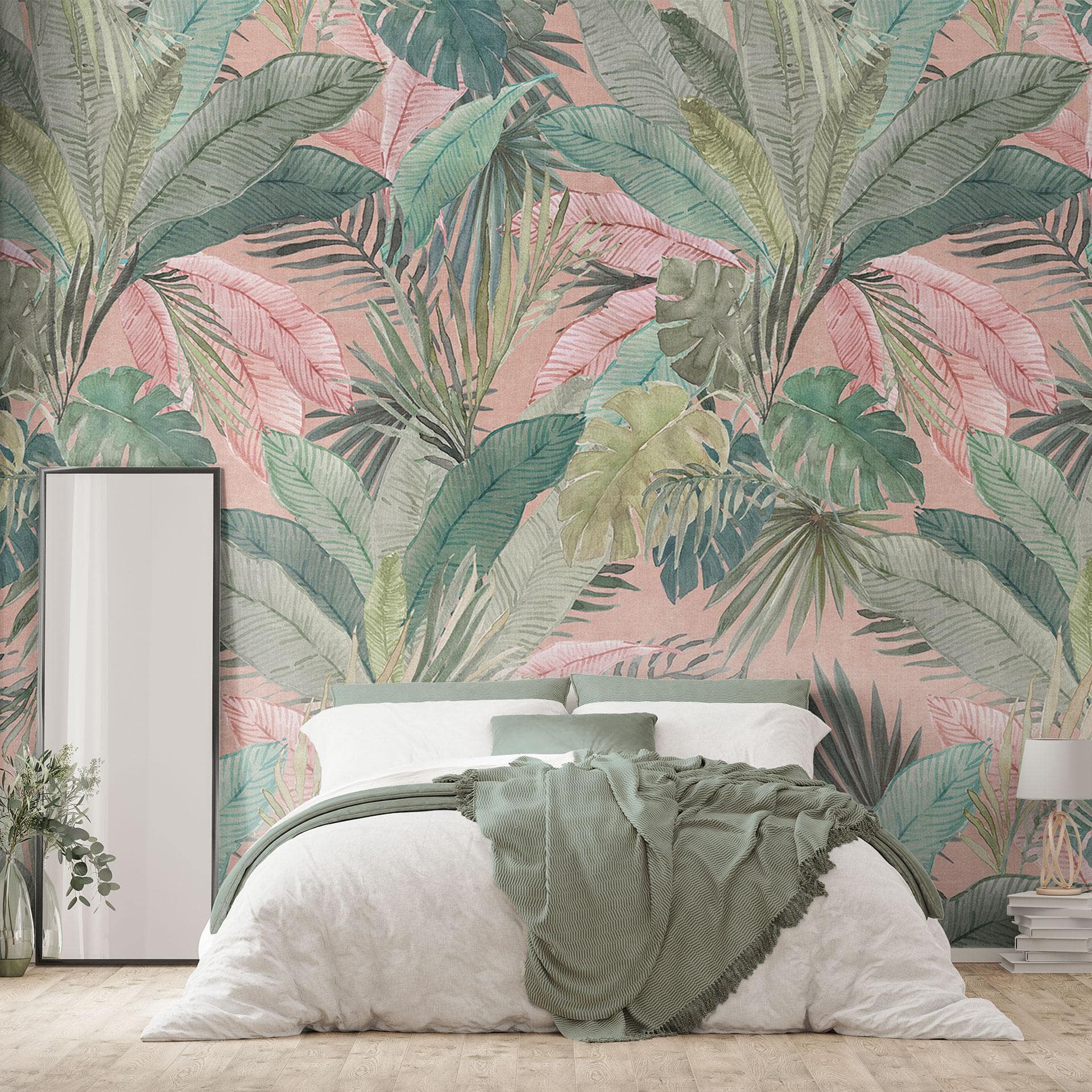 Fototapet med tropiske blade i junglens lyserøde farve - Bloomery Decor