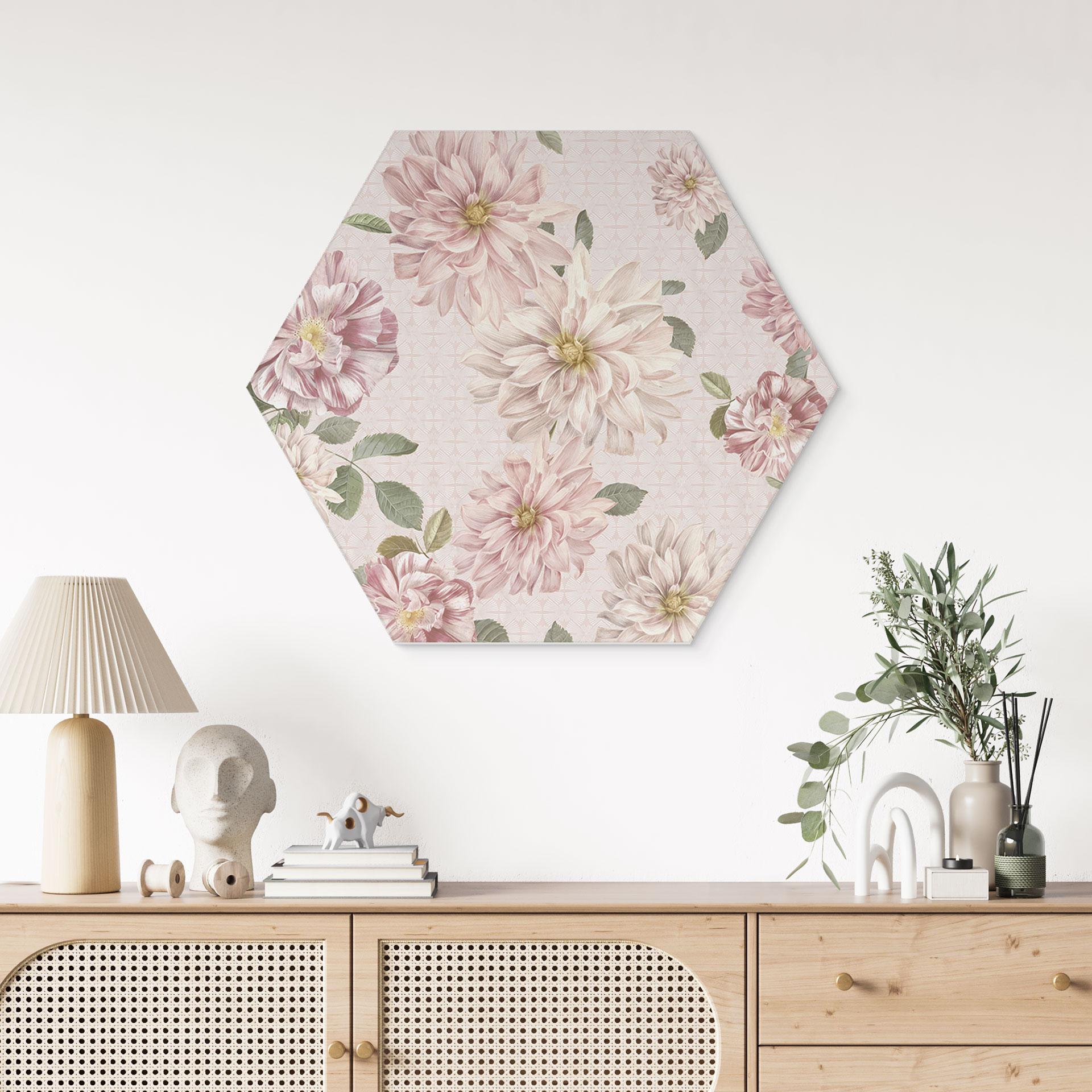 Sekskantet Billede Dahliaer Shabby Chic Pink - Blomsterdekoration - Aluminium Dibond