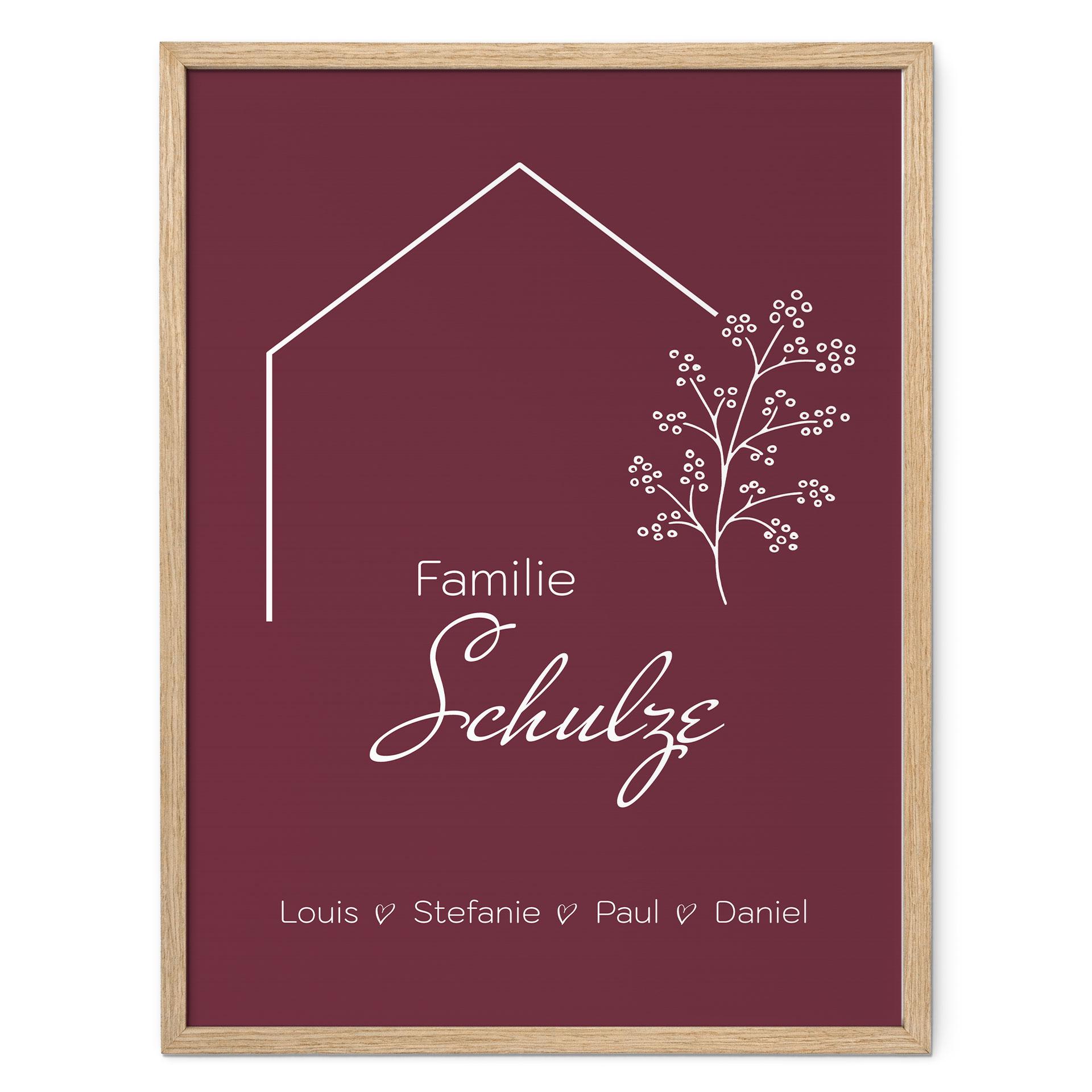 Personalisierbares Poster Familie Haus - weinrot