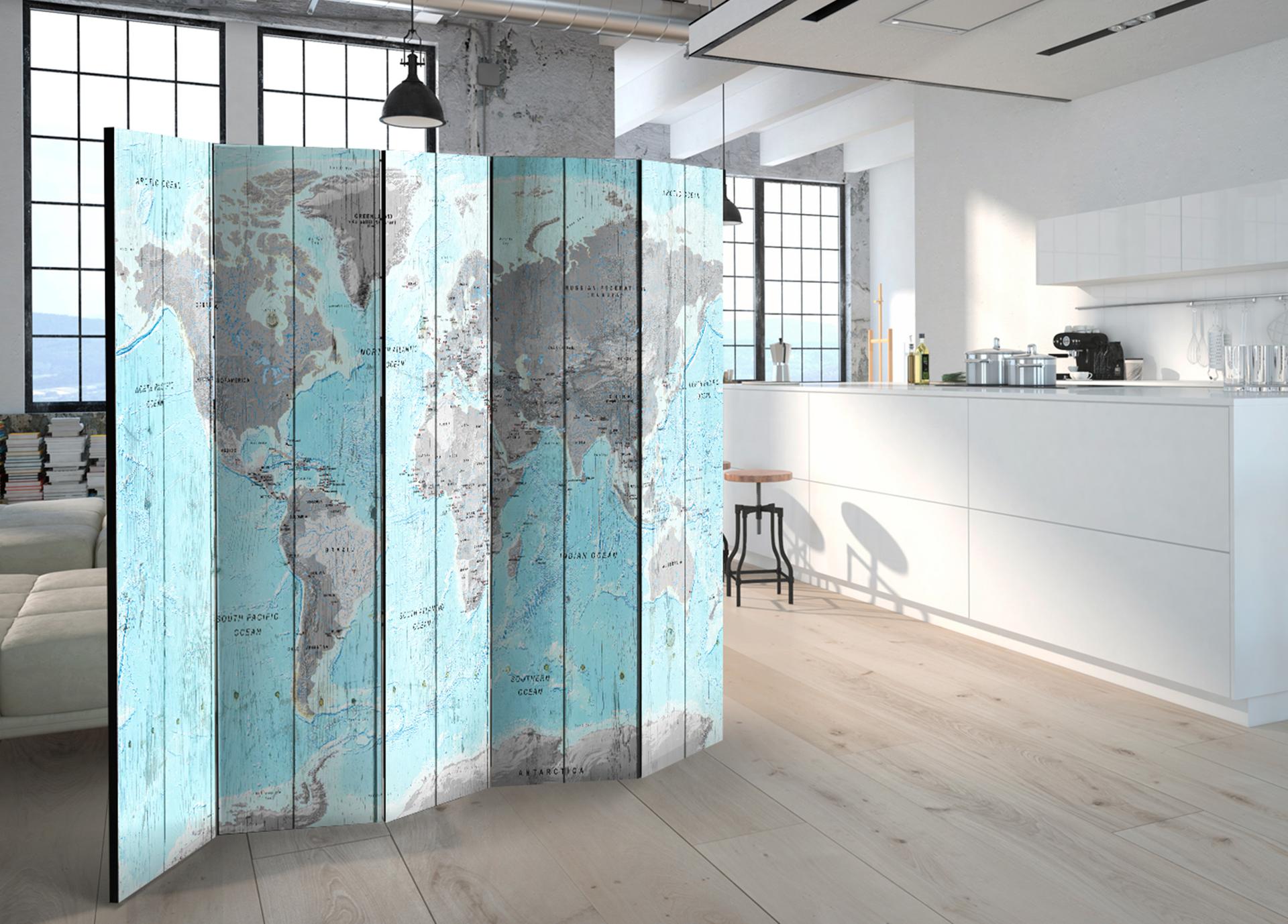 Divisorio per sala - Mappamondo - Mondo in forme di legno, 5 pezzi - 225x172 cm