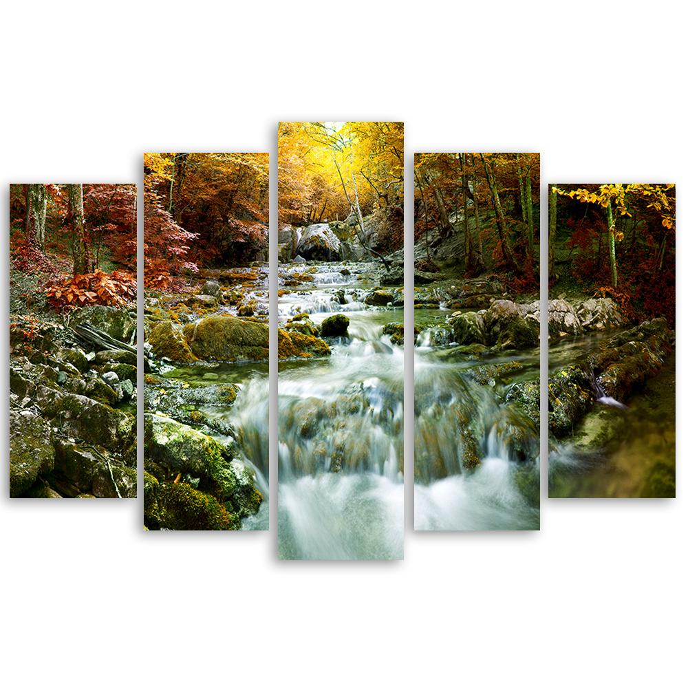 5 stykke lærred Print Autumn Forest Waterfall Rocks